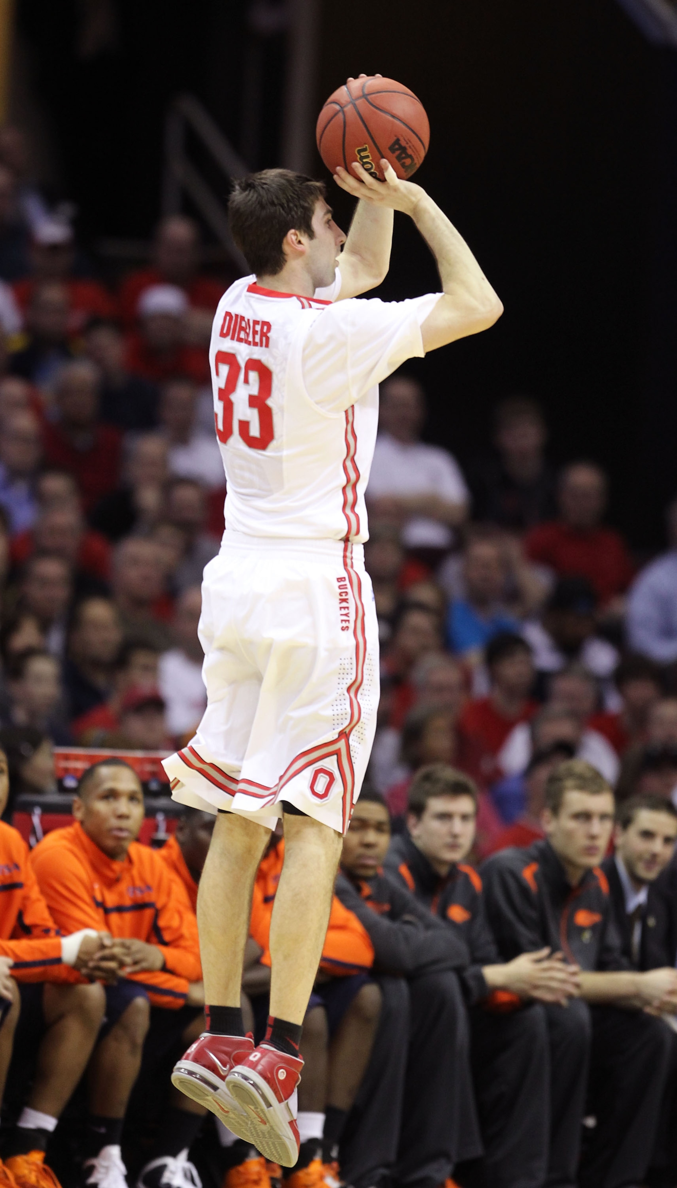 CLEVELAND, OH - MARCH 18: Jon Diebler #33 of the Ohio State Buckeyes shoots against the Texas-San Antonio Roadrunners during the second round of the 2011 NCAA men's basketball tournament at Quicken Loans Arena on March 18, 2011 in Cleveland, Ohio.  (Photo
