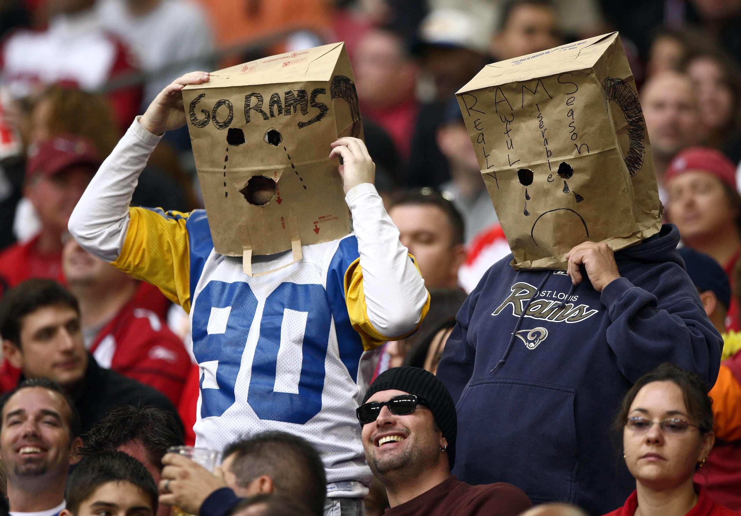 GLENDALE, AZ - DECEMBER 7:  Fans of the St. Louis Rams look on during their NFL Game on December 7, 2008 at the University of Phoenix Stadium in Glendale, Arizona. (Photo by Donald Miralle/Getty Images)