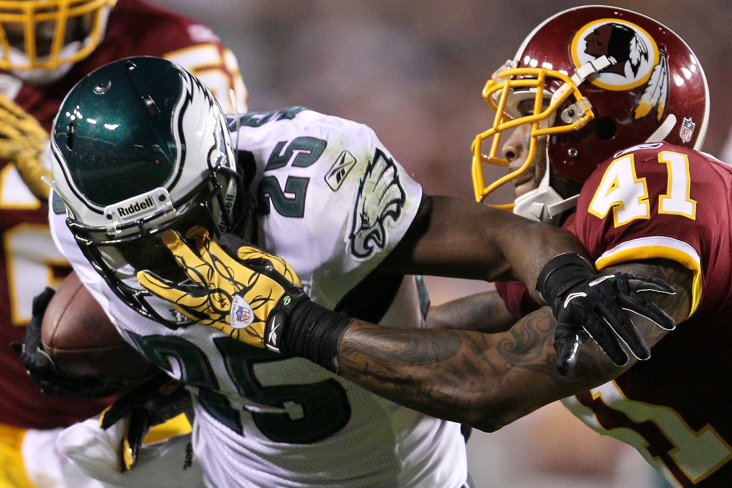 LANDOVER, MD - NOVEMBER 15: LeSean McCoy #25 of the Philadelphia Eagles is tackled by Kareem Moore #41 of the Washington Redskins on November 15, 2010 at FedExField in Landover, Maryland.  (Photo by Chris McGrath/Getty Images)