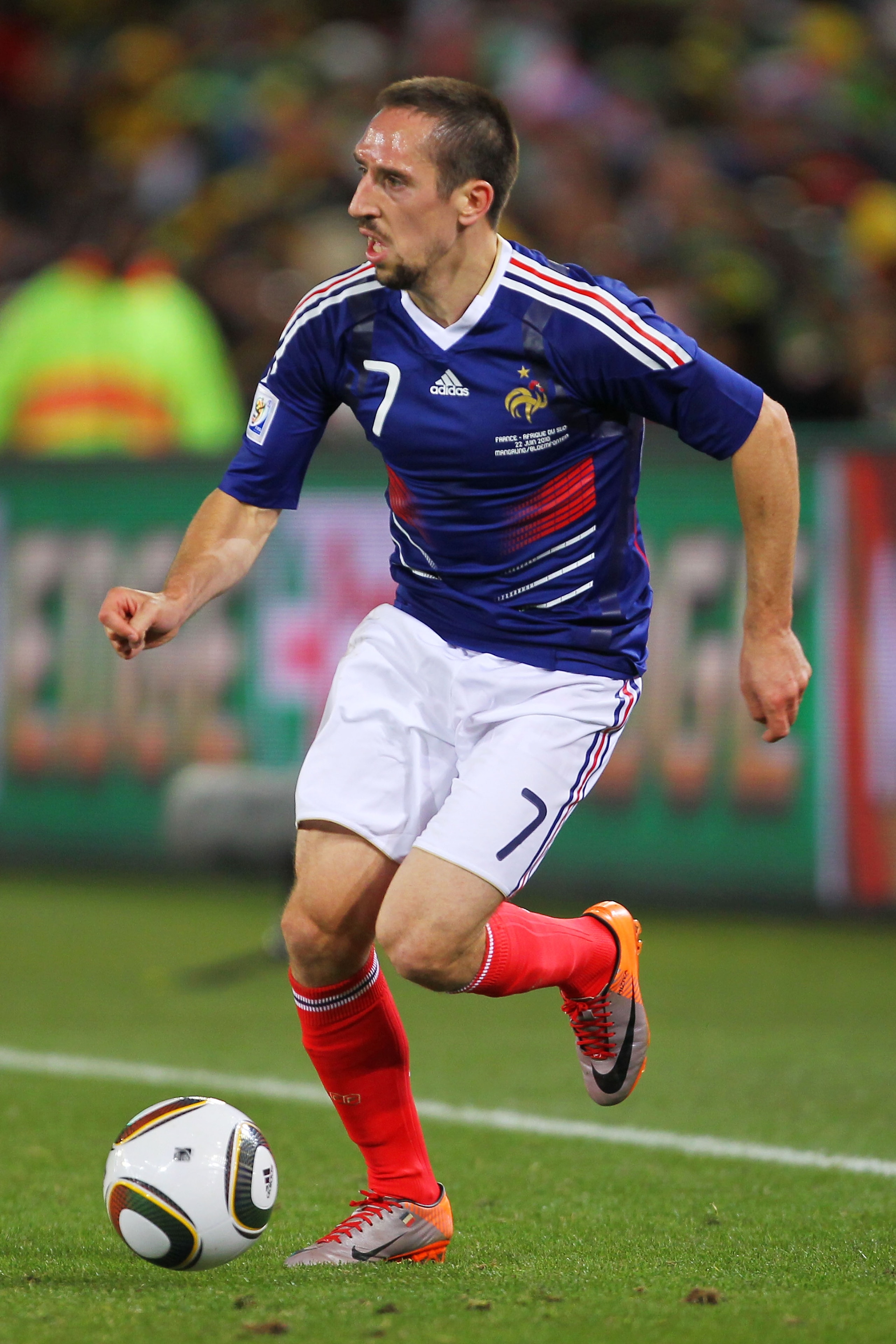 BLOEMFONTEIN, SOUTH AFRICA - JUNE 22:  Franck Ribery of France in action during the 2010 FIFA World Cup South Africa Group A match between France and South Africa at the Free State Stadium on June 22, 2010 in Mangaung/Bloemfontein, South Africa.  (Photo b