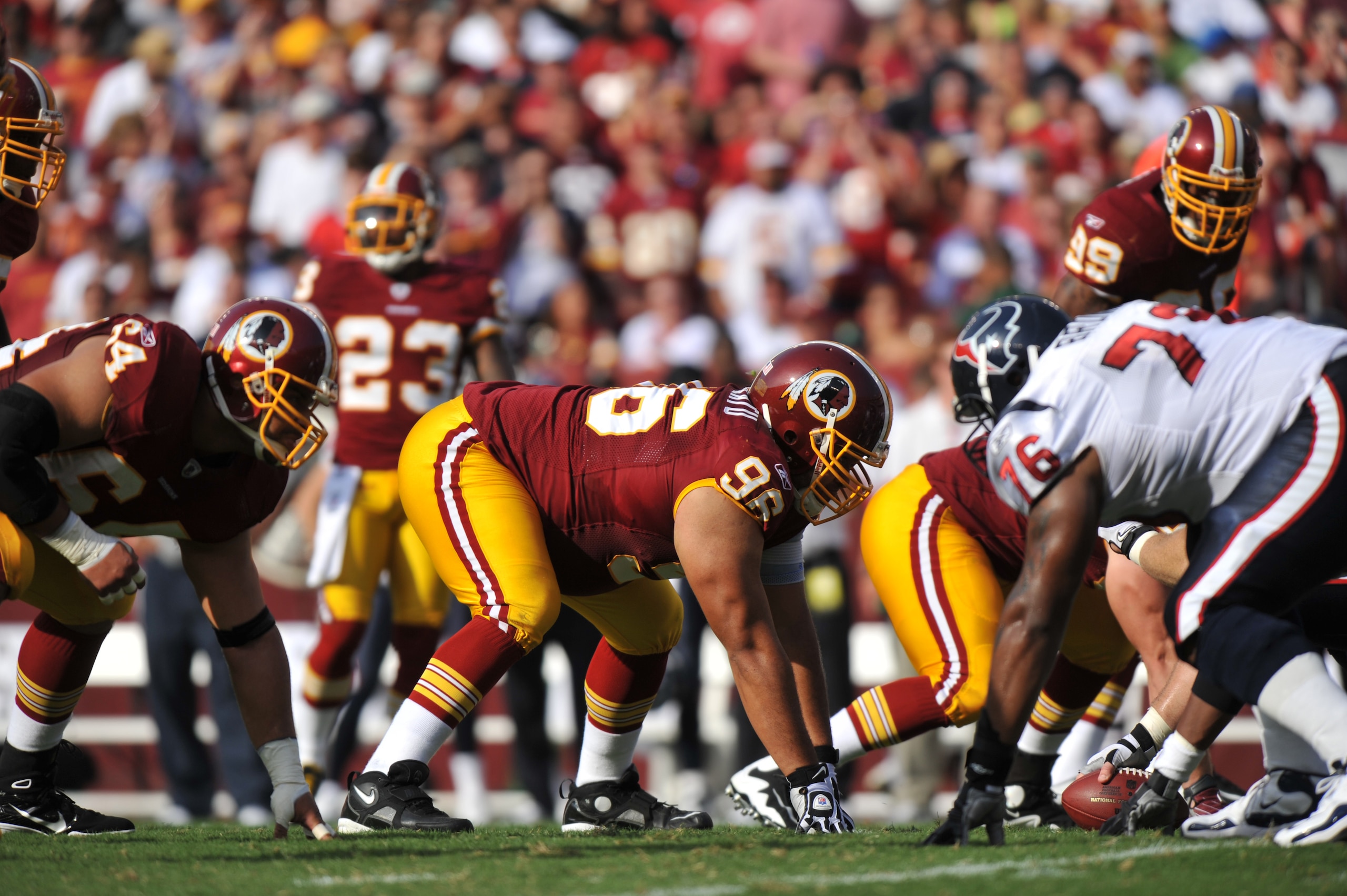 LANDOVER - SEPTEMBER 19:  Ma'ake Kemoeatu #96 of the Washington Redskins defends against the Houston Texans at FedExField on September 19, 2010 in Landover, Maryland. The Texans defeated the Redskins in overtime 30-27. (Photo by Larry French/Getty Images)