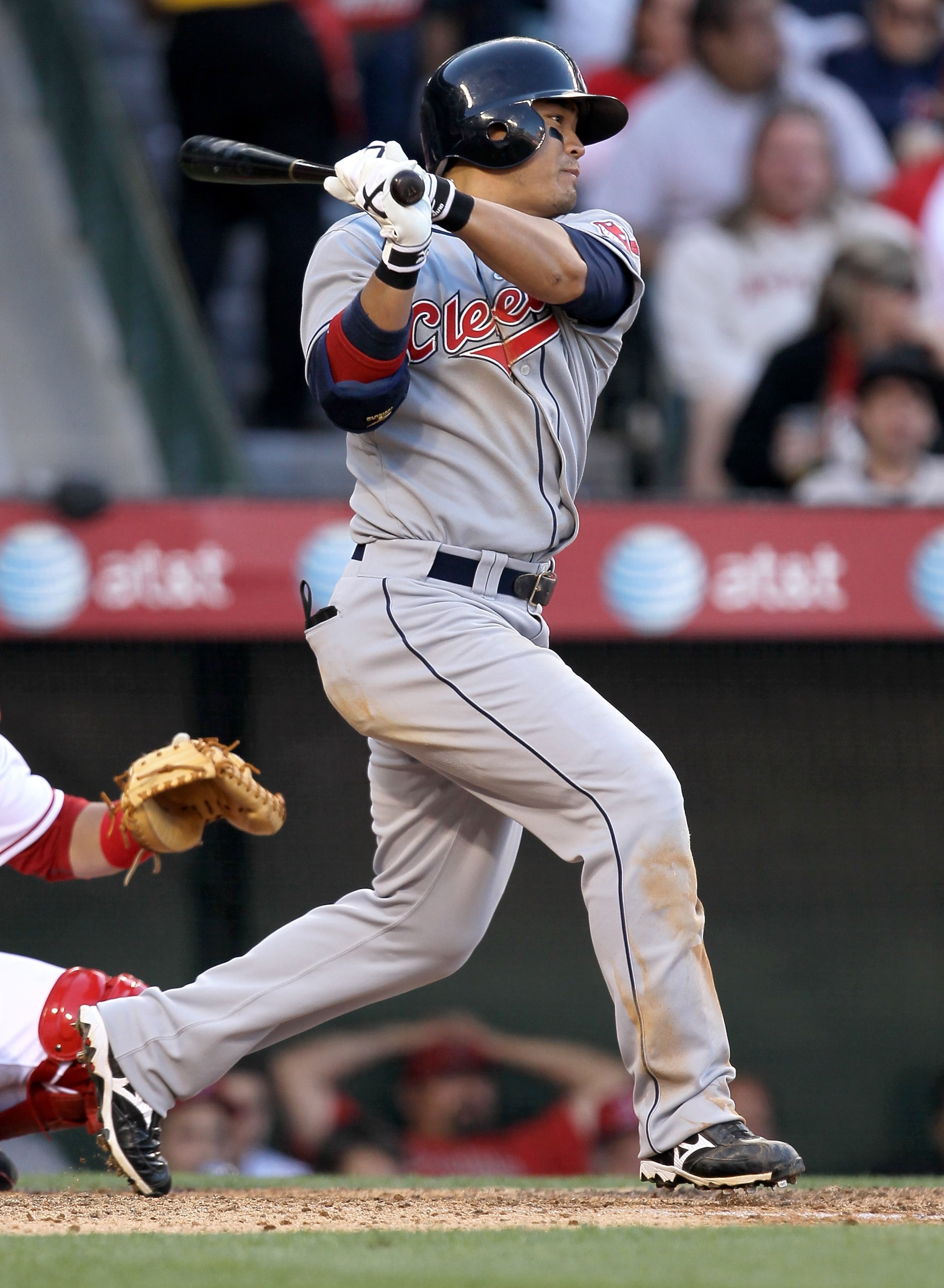 ANAHEIM, CA - APRIL 28:  Shin-Soo Choo #17 of  the Cleveland Indians bats against the Los Angeles Angels of Anaheim on April 28, 2010 at Angel Stadium in Anaheim, California.  (Photo by Stephen Dunn/Getty Images)
