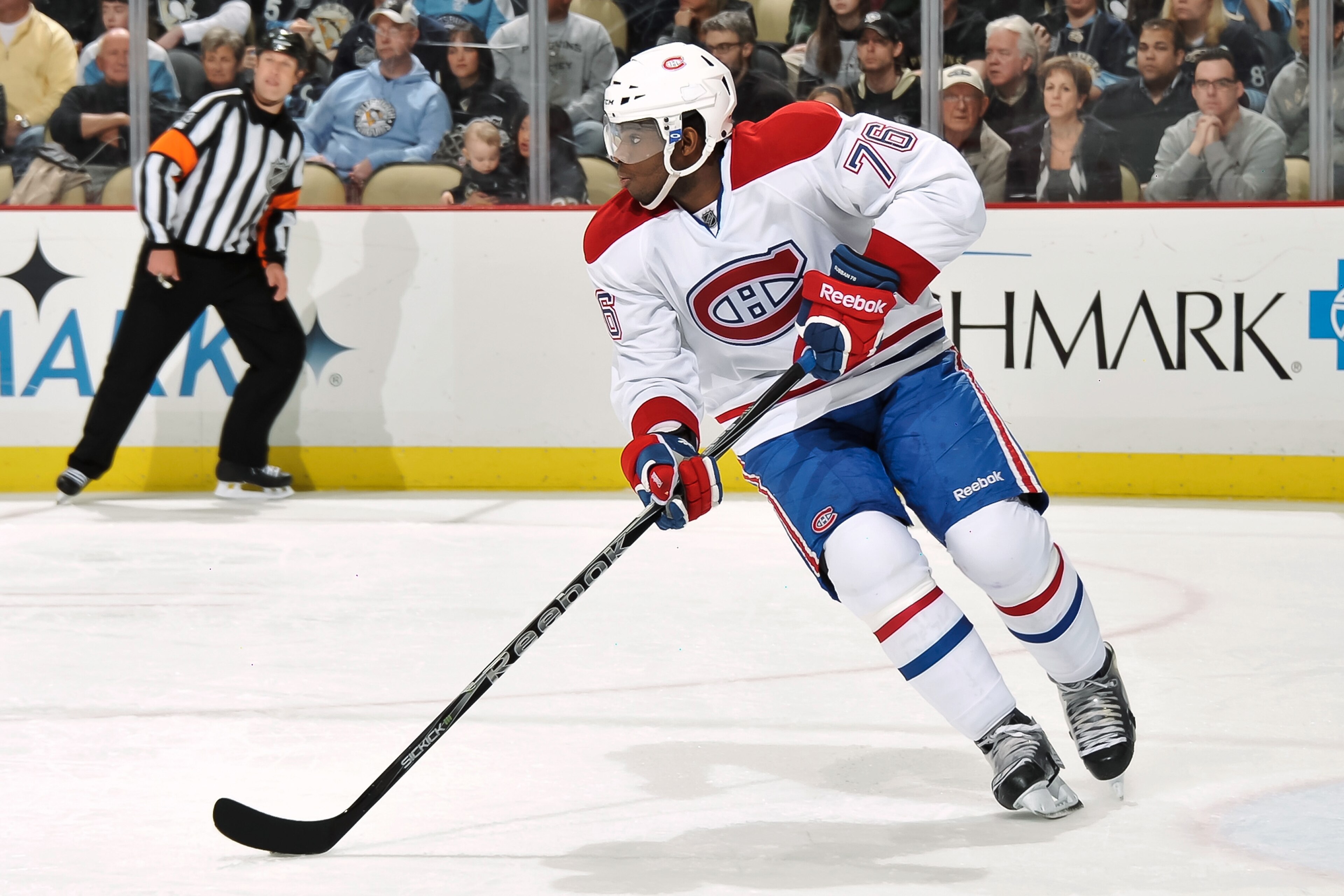 PITTSBURGH, PA - MARCH 12:  P.K. Subban #76 of the Montreal Canadiens skates with the puck against the Pittsburgh Penguins on March 12, 2011 at CONSOL Energy Center in Pittsburgh, Pennsylvania.  (Photo by Jamie Sabau/Getty Images)
