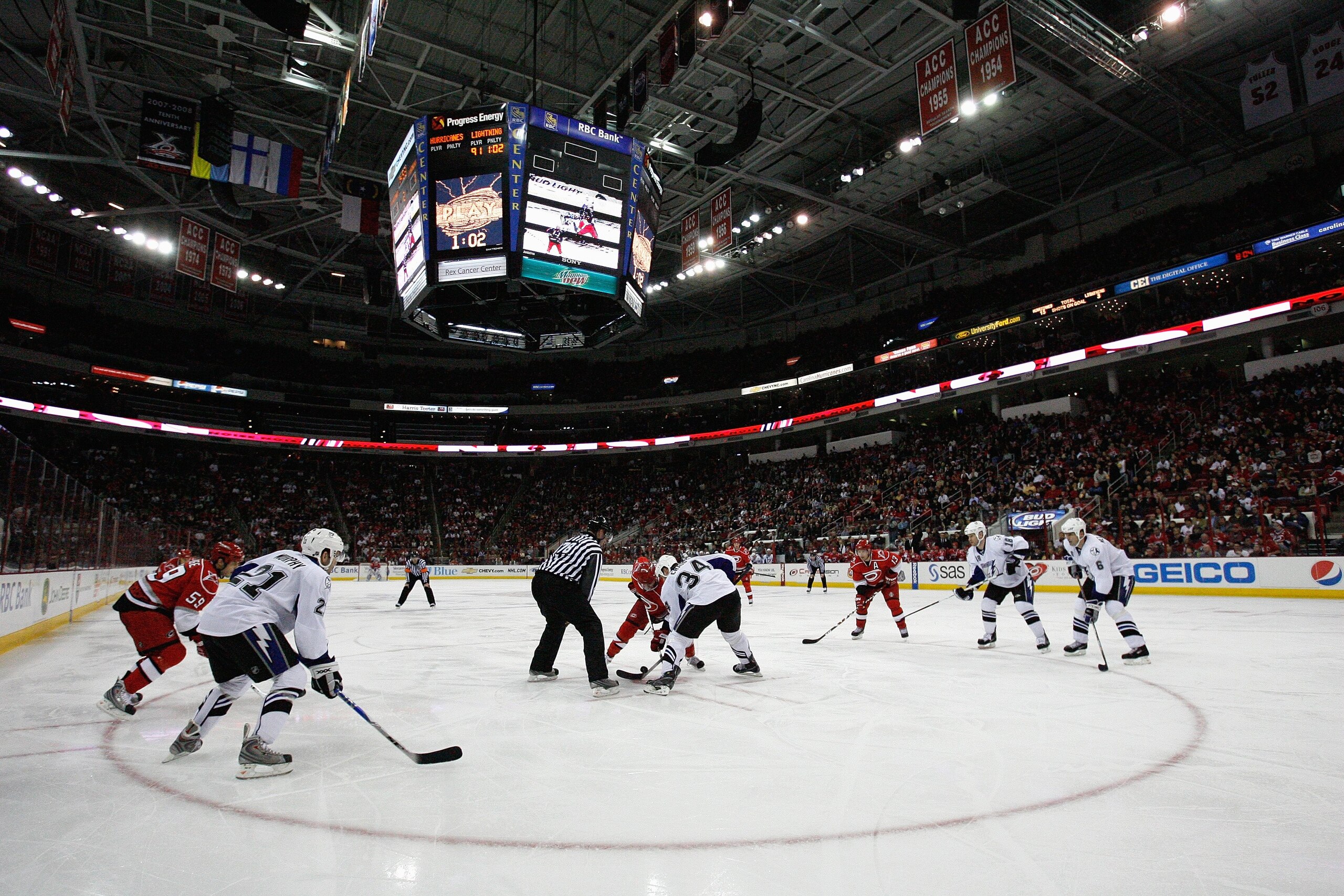 RALEIGH, NC - FEBRUARY 20:  Ice level general view of a faceoff during the Tampa Bay Lightning game against the Carolina Hurricanes on February 20, 2009 at RBC Center in Raleigh, North Carolina.  (Photo by Kevin C. Cox/Getty Images)