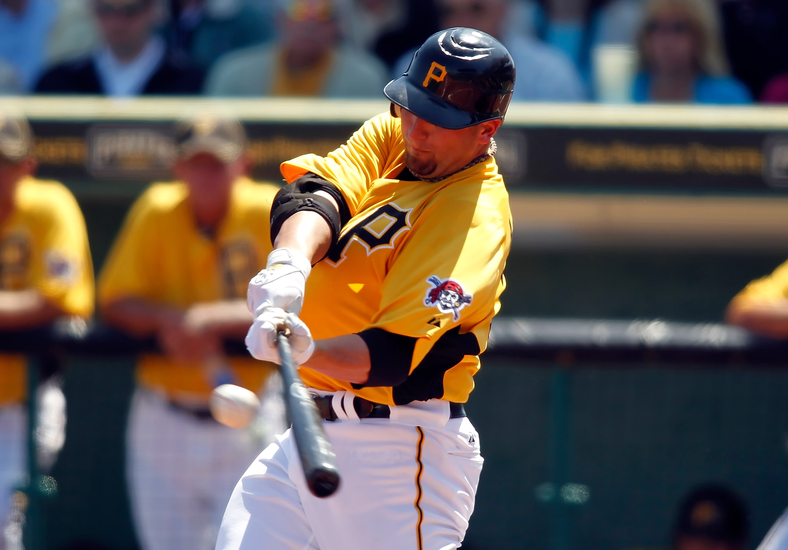 BRADENTON, FL - MARCH 13:  Pitcher Brad Lincoln #32 of the Pittsburgh Pirates gets a base hit against the Boston Red Sox during a Grapefruit League Spring Training Game at McKechnie Field on March 13, 2011 in Bradenton, Florida.  (Photo by J. Meric/Getty