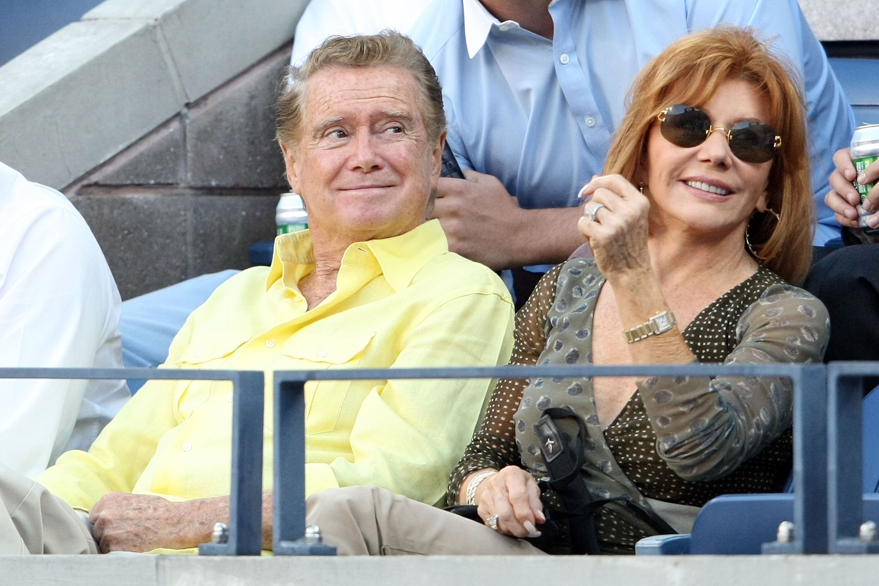 NEW YORK - SEPTEMBER 08:  Regis Philbin and Joy Philbin watch the 2008 U.S. Open Men's Championship Match between Andy Murray of the United Kingdom and Roger Federer of Switzerland in Arthur Ashe Stadium at the USTA Billie Jean King National Tennis Center