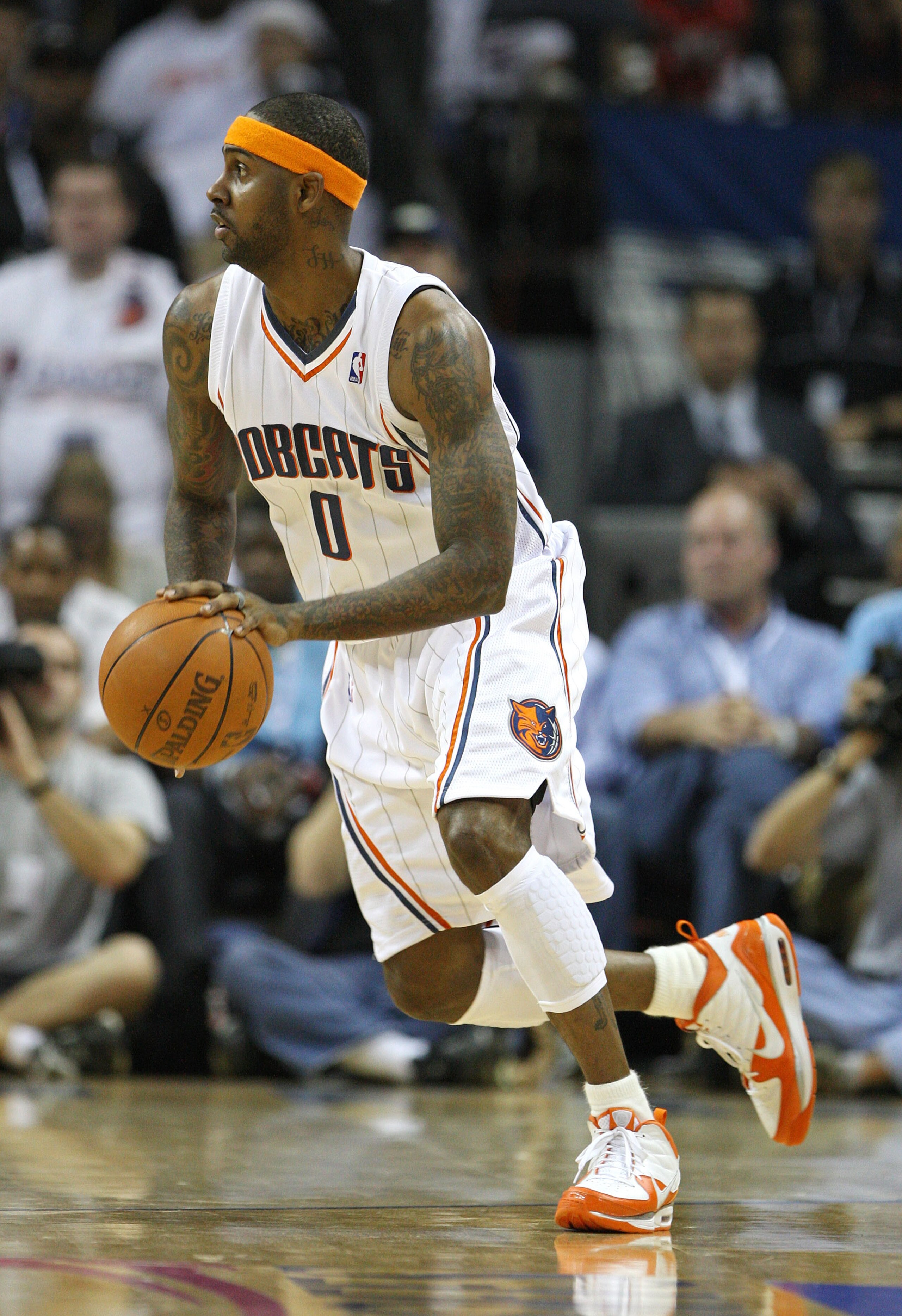 CHARLOTTE, NC - APRIL 24:  Guard Larry Hughes #0 of the Charlotte Bobcats dribbles with the ball during Game Three of the Eastern Conference Quarterfinals against the Orlando Magic during the 2010 NBA Playoffs at Time Warner Cable Arena on April 24, 2010