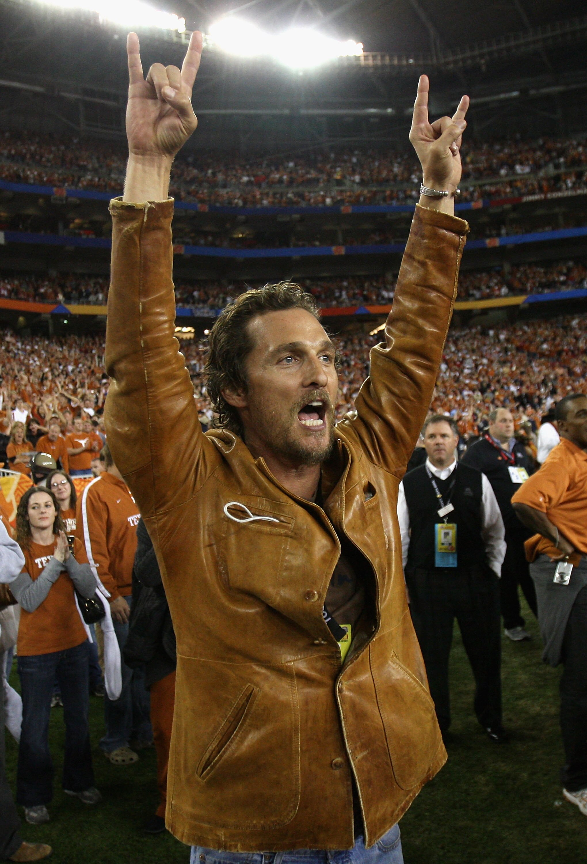 GLENDALE, AZ - JANUARY 05:  Actor Matthew McConaughey celebrates after the Texas Longhorns defeated the Ohio State Buckeyes in Tostitos Fiesta Bowl Game on January 5, 2009 at University of Phoenix Stadium in Glendale, Arizona.  (Photo by Jed Jacobsohn/Get