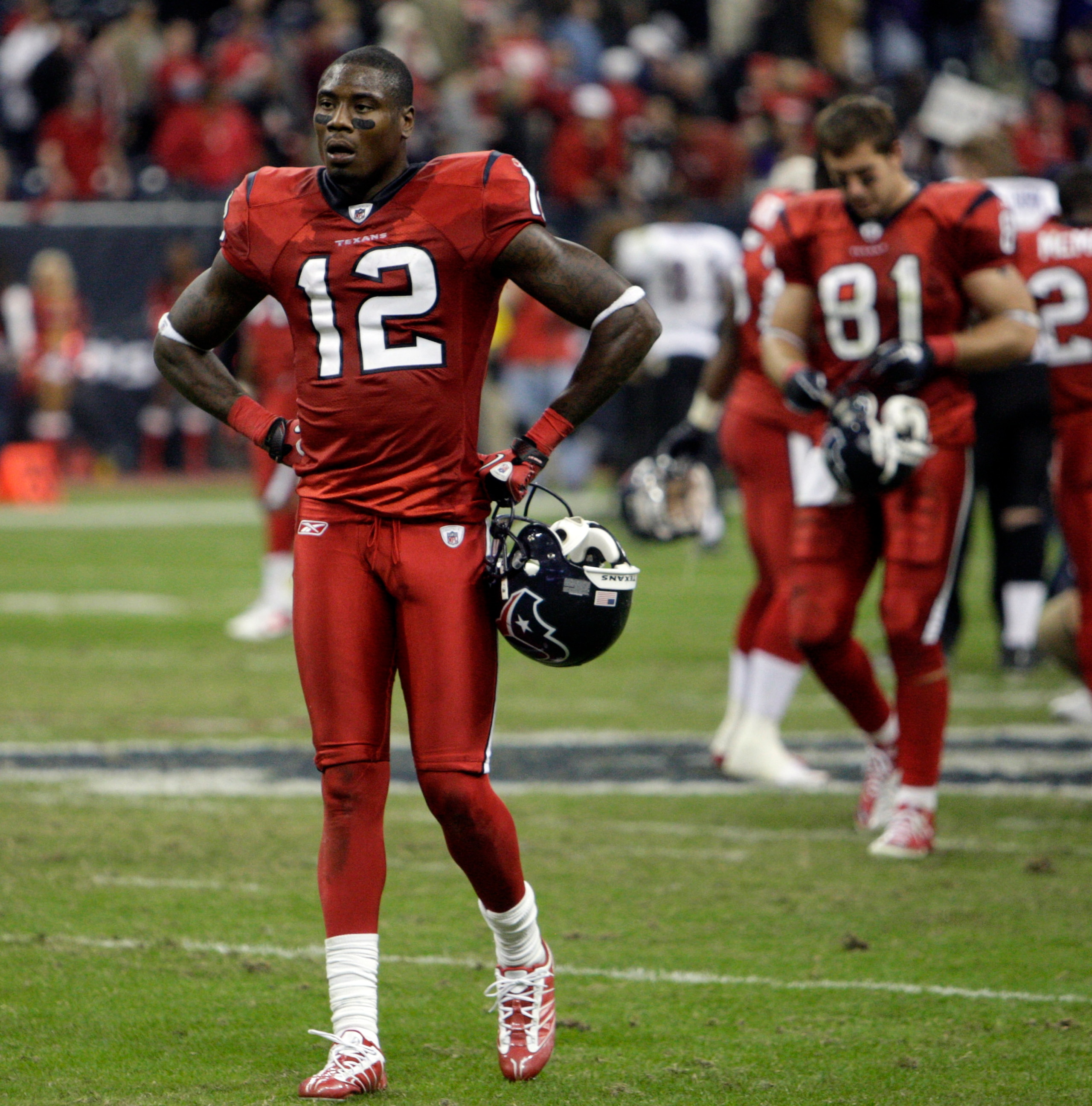 HOUSTON, TX - DECEMBER 13:  Wide receiver Jacoby Jones of the Houston Texans walks off the field after losing to the Baltimore Ravens in overtime at Reliant Stadium on December 13, 2010 in Houston, Texas.  (Photo by Bob Levey/Getty Images)