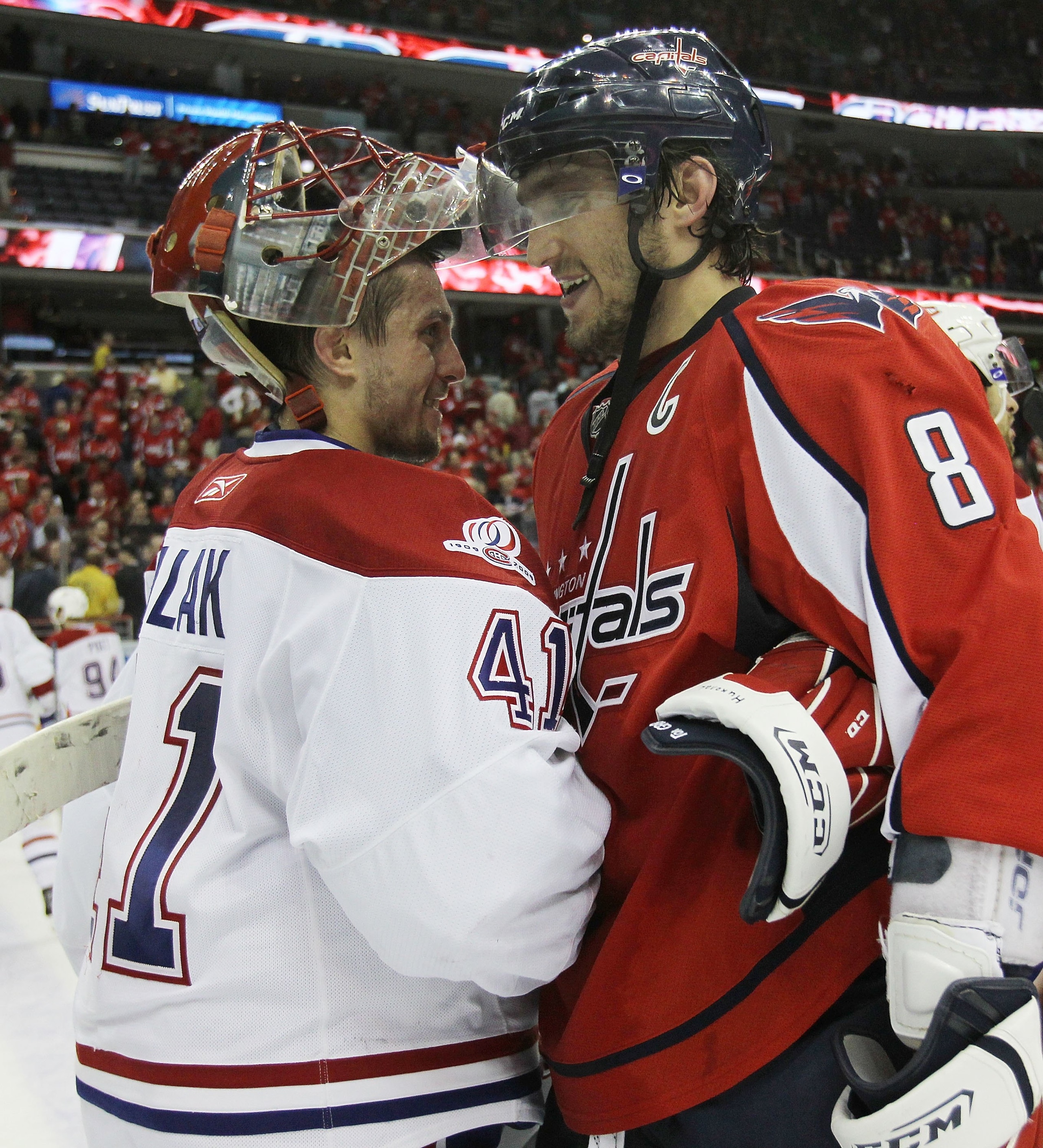 WASHINGTON - APRIL 28:  Jaroslav Halak #41 of the Montreal Canadiens shakes hands with Alex Ovechkin #8 of the Washington Capitals following the Canadiens 2-1 win in Game Seven of the Eastern Conference Quarterfinals during the 2010 NHL Stanley Cup Playof