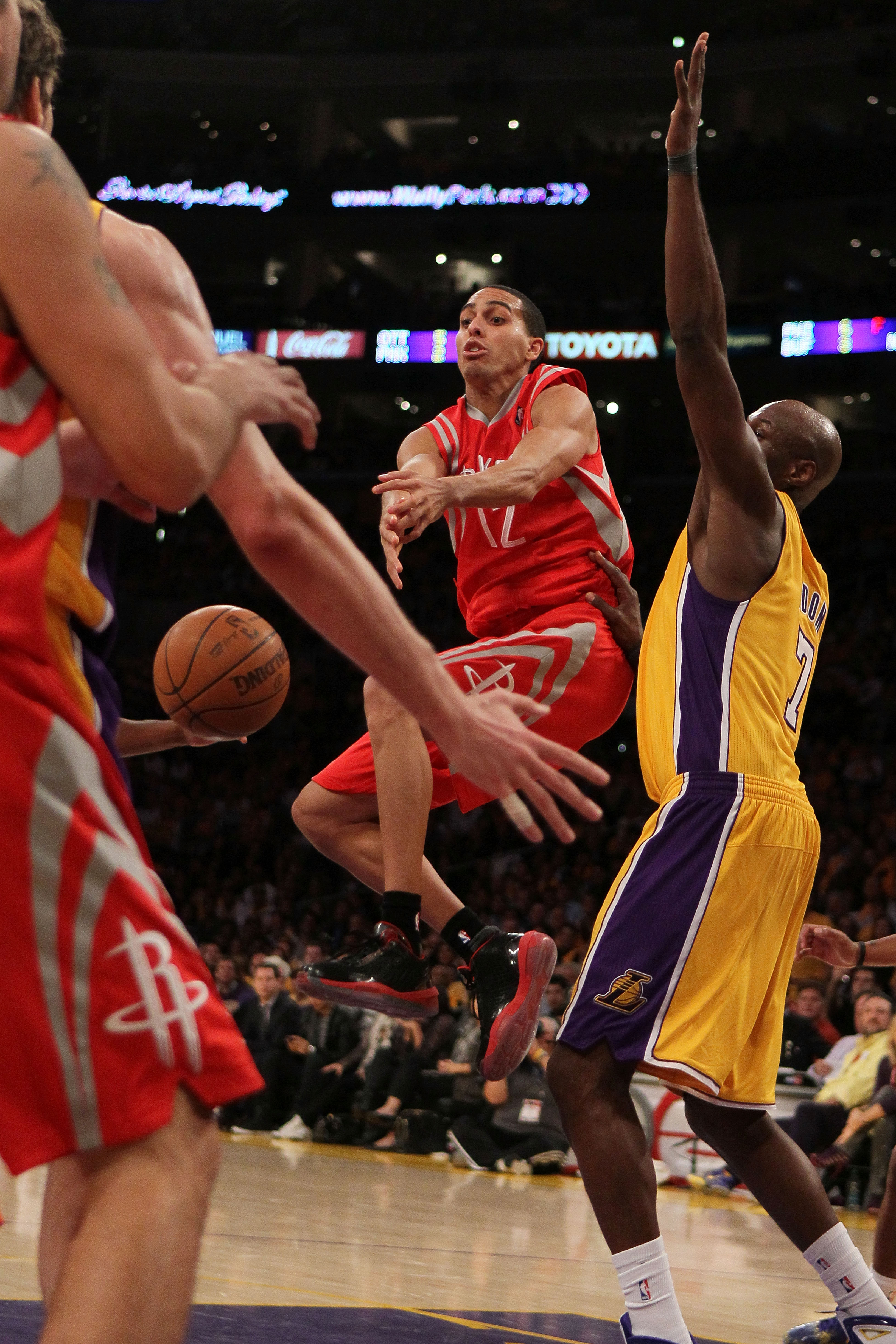 LOS ANGELES, CA - OCTOBER 26:  Kevin Martin #12 of the Houston Rockets loses control of the ball against the Los Angeles Lakers during their opening night game at Staples Center on October 26, 2010 in Los Angeles, California. NOTE TO USER: User expressly