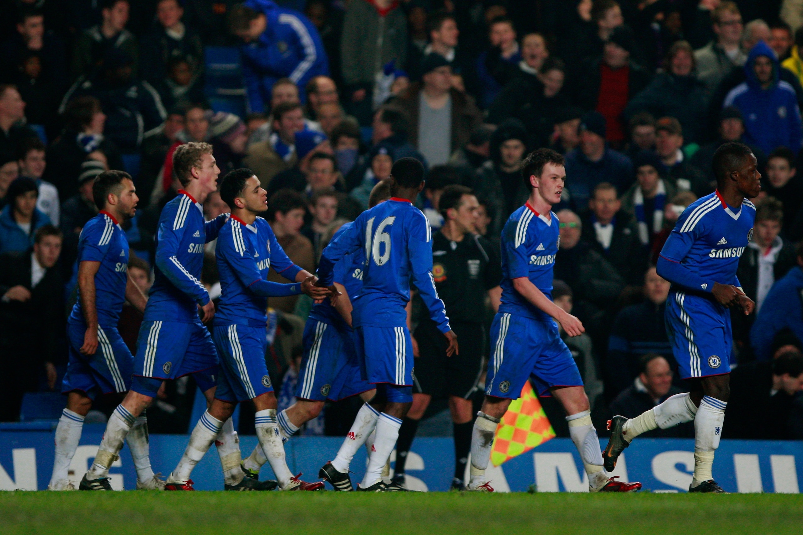 LONDON, ENGLAND - MARCH 02:  Chelsea players celebrate after Watford scored an own goal during the FA Youth Cup sponsored by E.on sixth round match between Chelsea and Watford at Stamford Bridge on March 2, 2011 in London, England.  (Photo by Dan Istitene