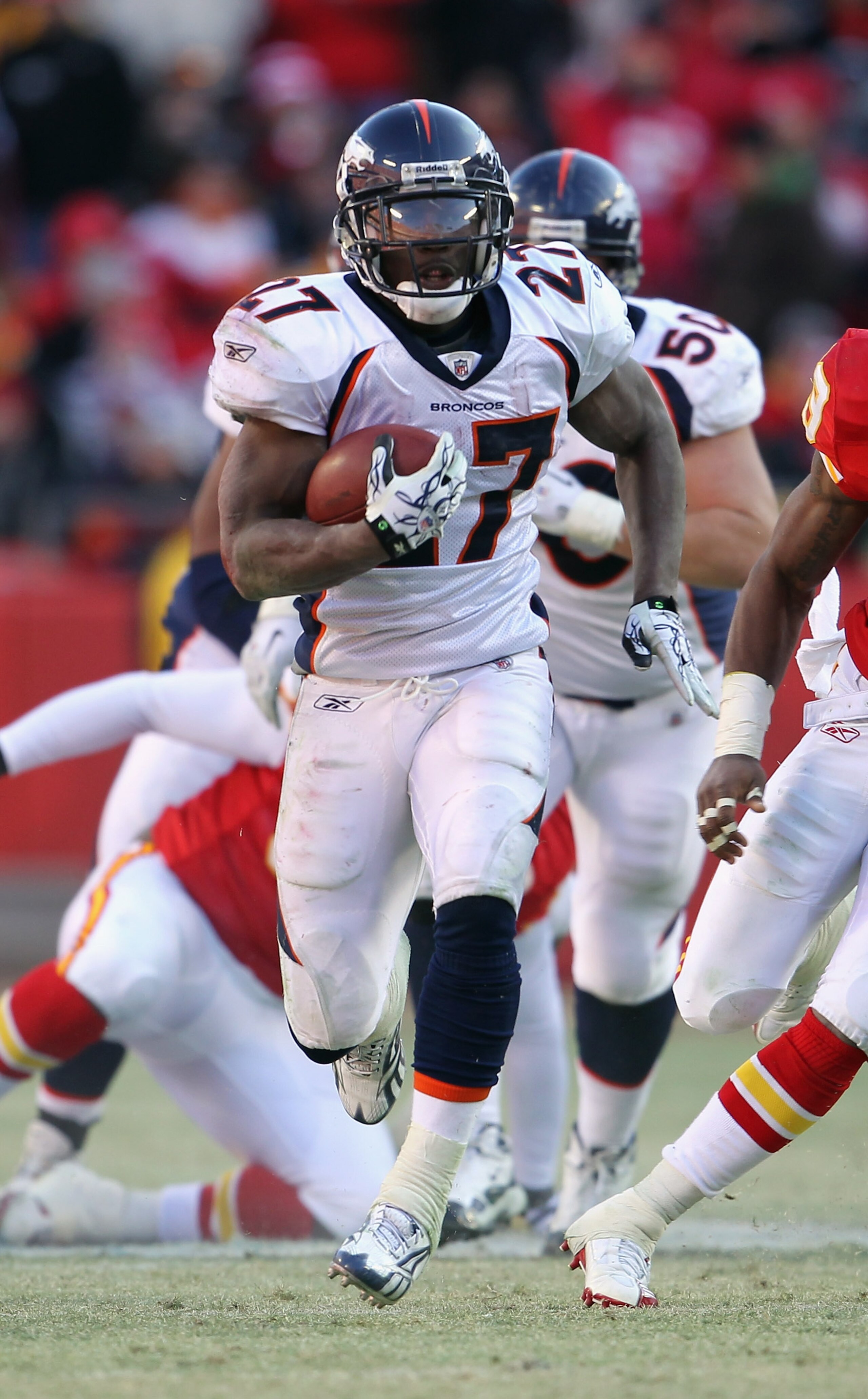 KANSAS CITY, MO - DECEMBER 05: Knowshon Moreno #27 of the Denver Broncos in action during the game against the Kansas City Chiefs on December 5, 2010 at Arrowhead Stadium in Kansas City, Missouri. (Photo by Jamie Squire/Getty Images) KANSAS CITY, MO - DECEMBER 05: Knowshon Moreno #27 of the Denver Broncos in action during the game against the Kansas City Chiefs on December 5, 2010 at Arrowhead Stadium in Kansas City, Missouri. (Photo by Jamie Squire/Getty Images)