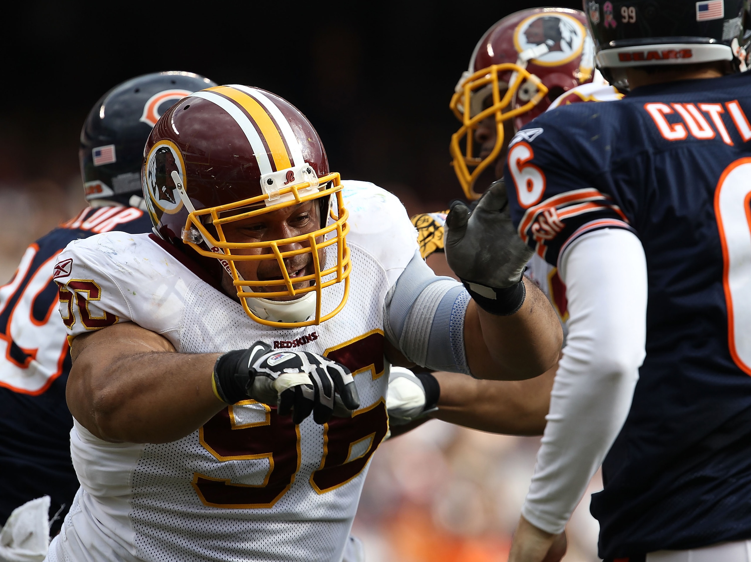 CHICAGO - OCTOBER 24: Ma'ake Kemoeatu #96 of the Washington Redskins rushes towards Jay Cutler #6 of the Chicago Bears at Soldier Field on October 24, 2010 in Chicago, Illinois. The Redskins defeated the Bears 17-14. (Photo by Jonathan Daniel/Getty Images