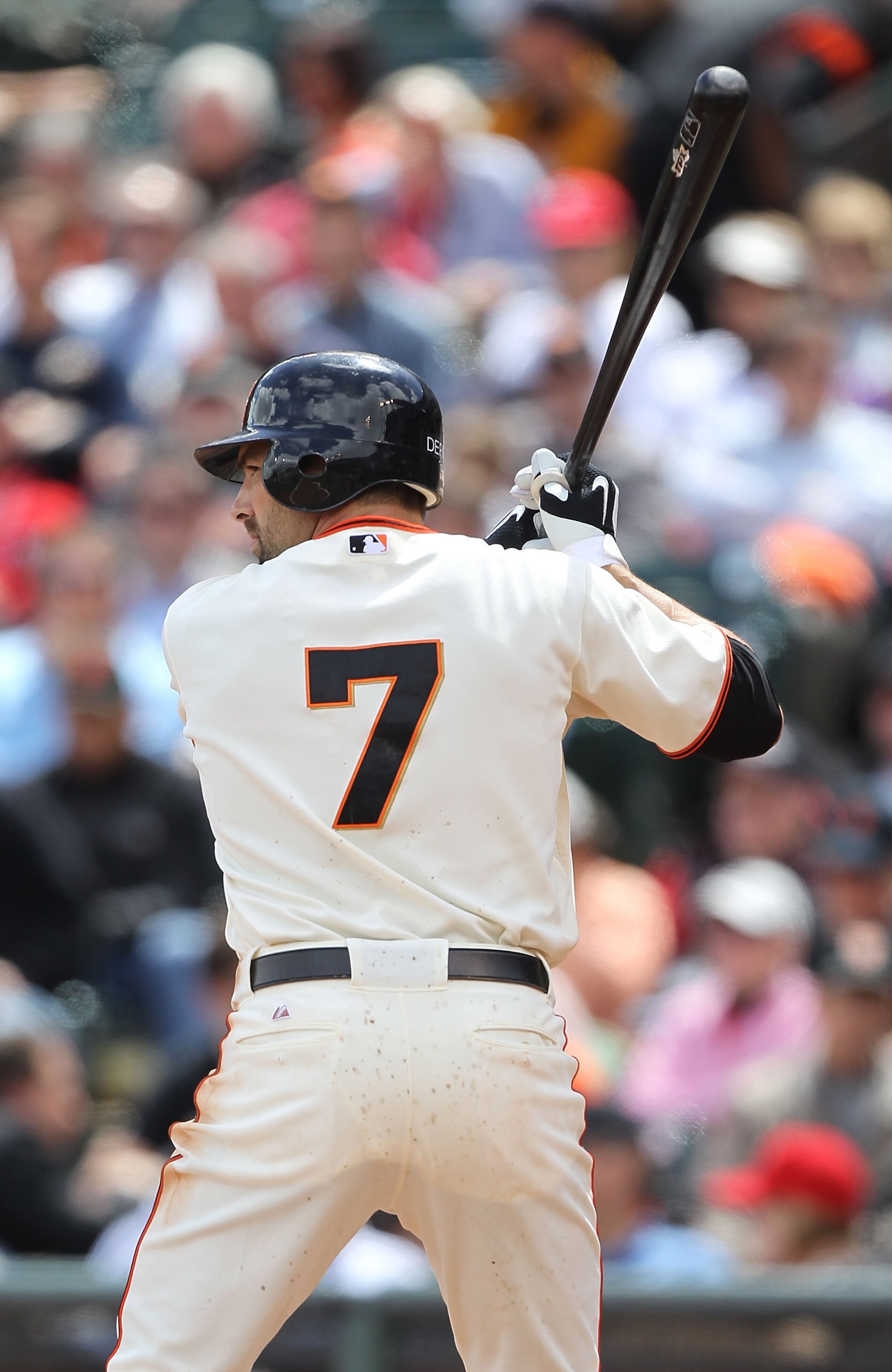 SAN FRANCISCO - APRIL 28:  Mark DeRosa #7 of the San Francisco Giants bats against the Philadelphia Phillies during an MLB game at AT&T Park on April 28, 2010 in San Francisco, California.  (Photo by Jed Jacobsohn/Getty Images)
