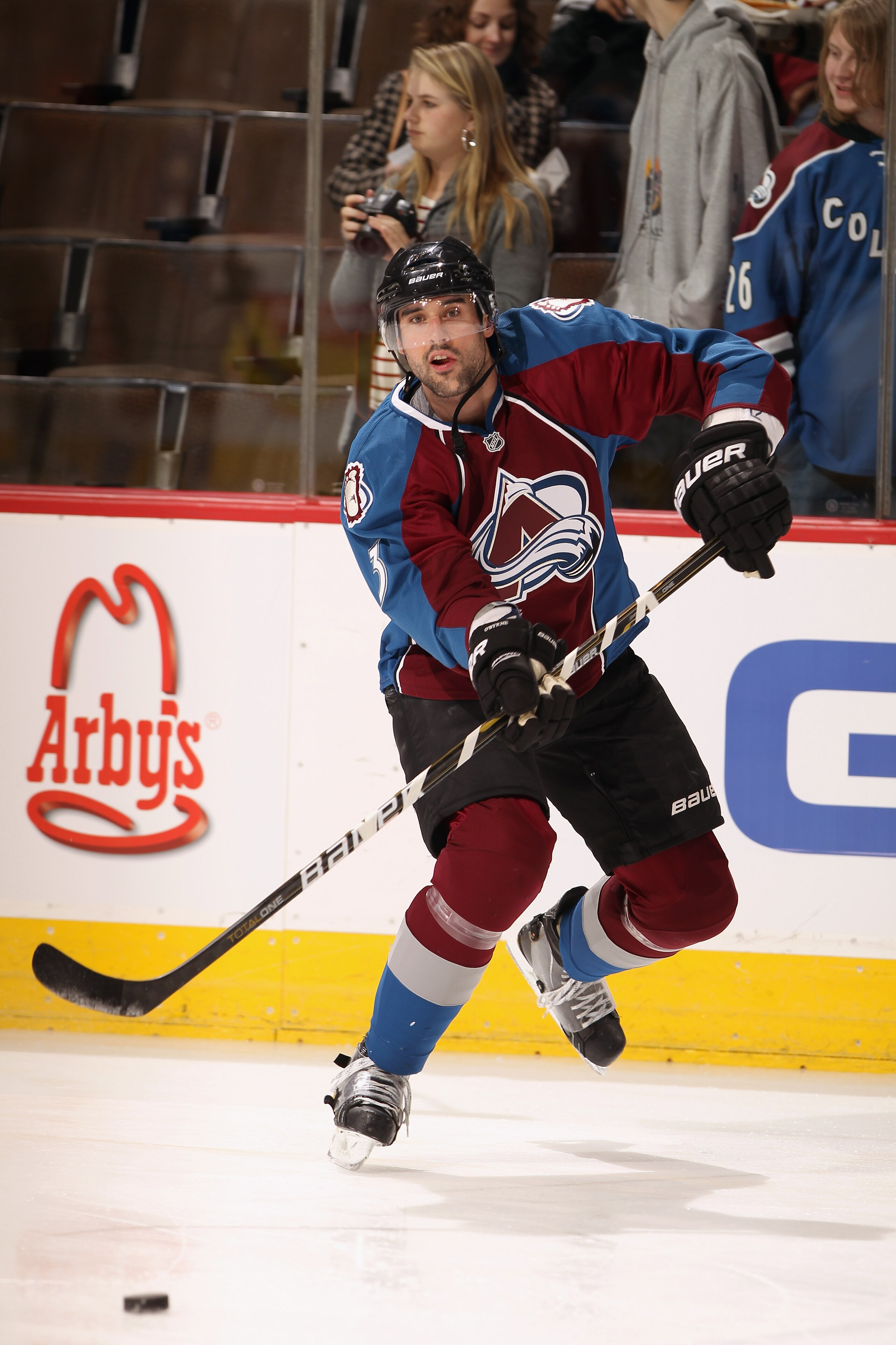 DENVER, CO - FEBRUARY 23:  Ryan O'Byrne #3 of the Colorado Avalanche skates during warm ups prior to facing the Edmonton Oilers at the Pepsi Center on February 23, 2011 in Denver, Colorado. The Oilers defeated the Avalanmche 5-1.  (Photo by Doug Pensinger