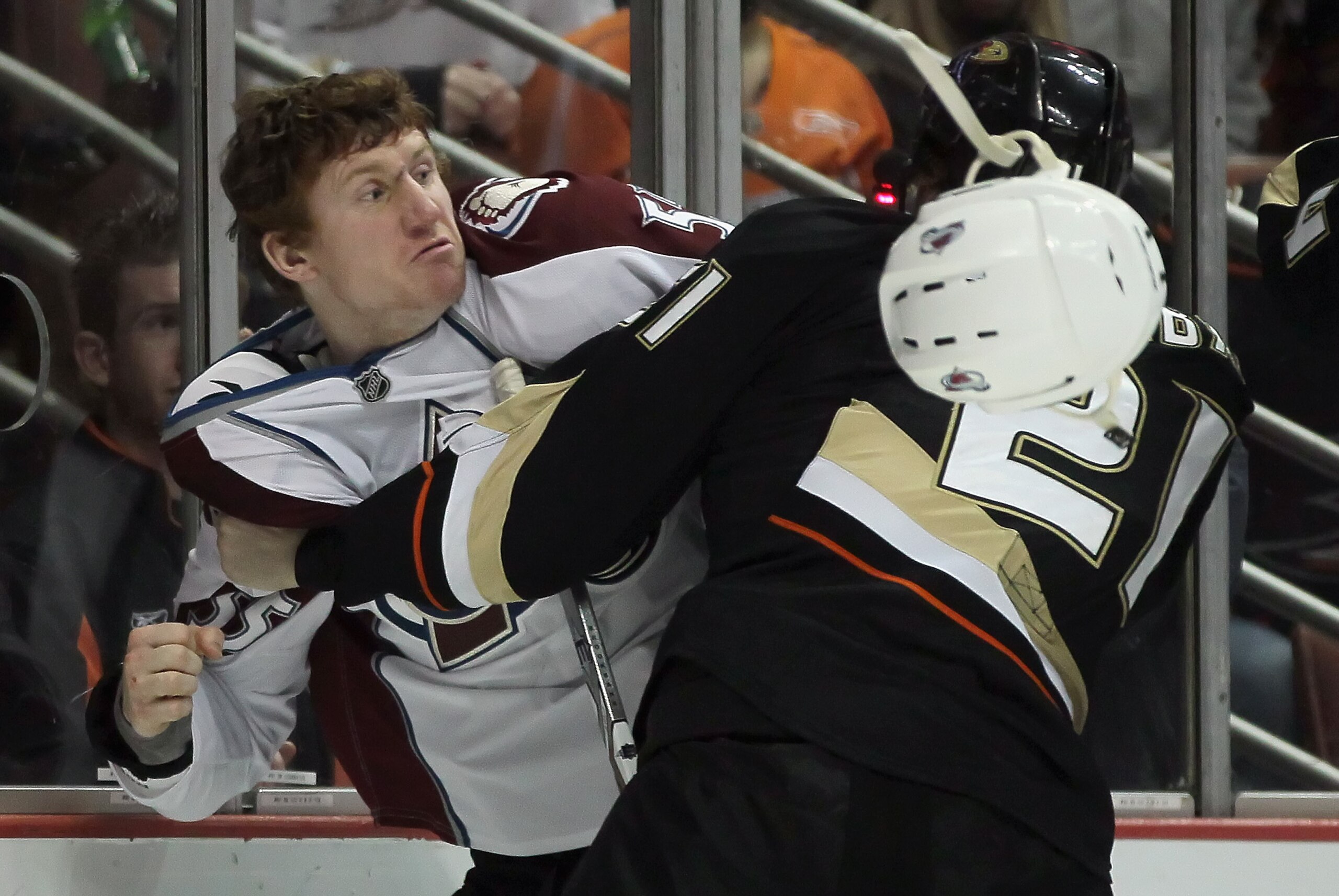 ANAHEIM, CA - FEBRUARY 27:  Cody McLeod #55 of the Colorado Avalanche throws a punch at Sheldon Brookbank #21 of the Anaheim Ducks in the first period at Honda Center on February 27, 2011 in Anaheim, California.  (Photo by Jeff Gross/Getty Images)