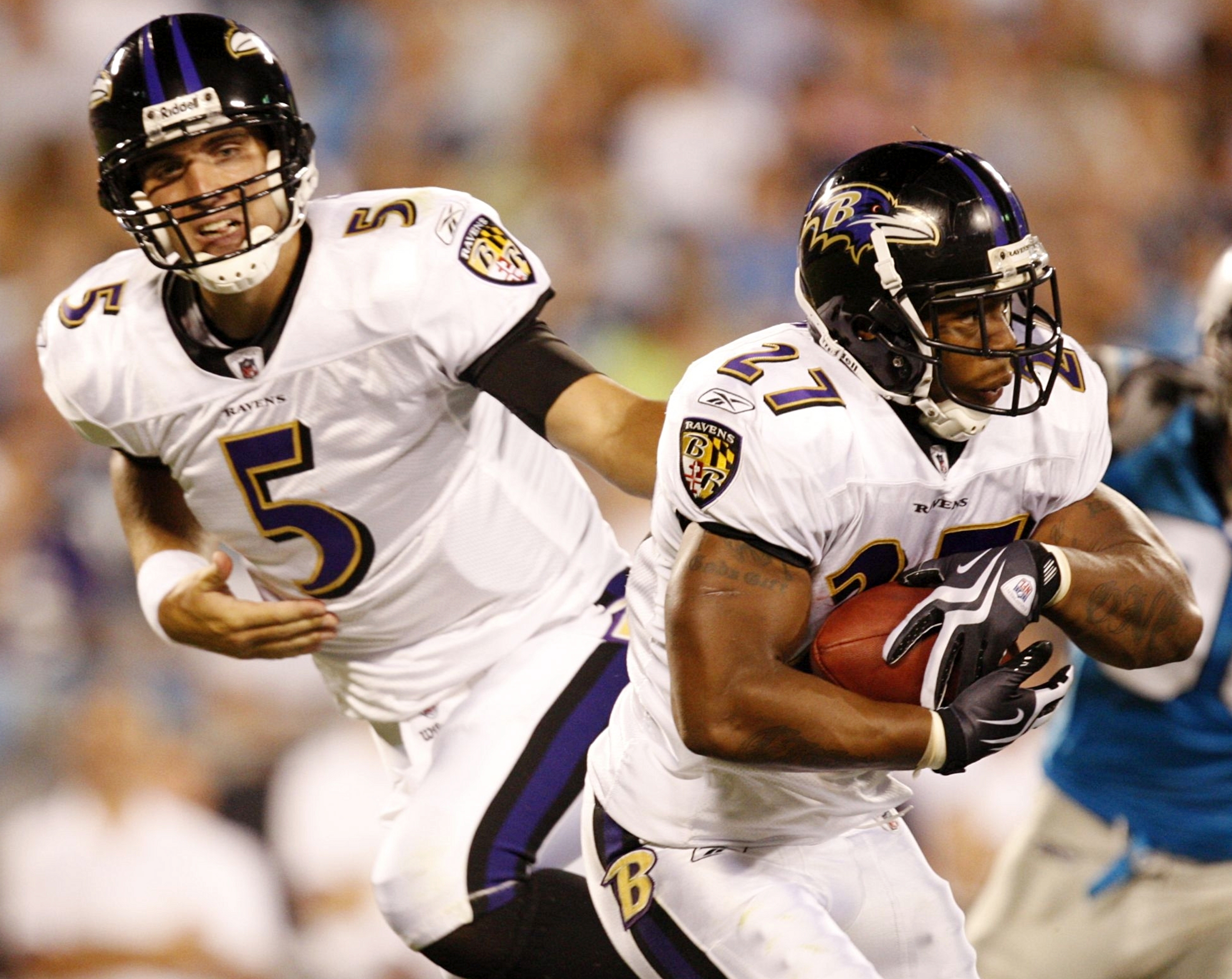 Baltimore Ravens Cory Redding celebrates his fumble recovery for a  touchdown against the Pittsburgh Steelers with Josh Wilson in first quarter  of the AFC Divisional Playoff game at Heinz Field in Pittsburgh