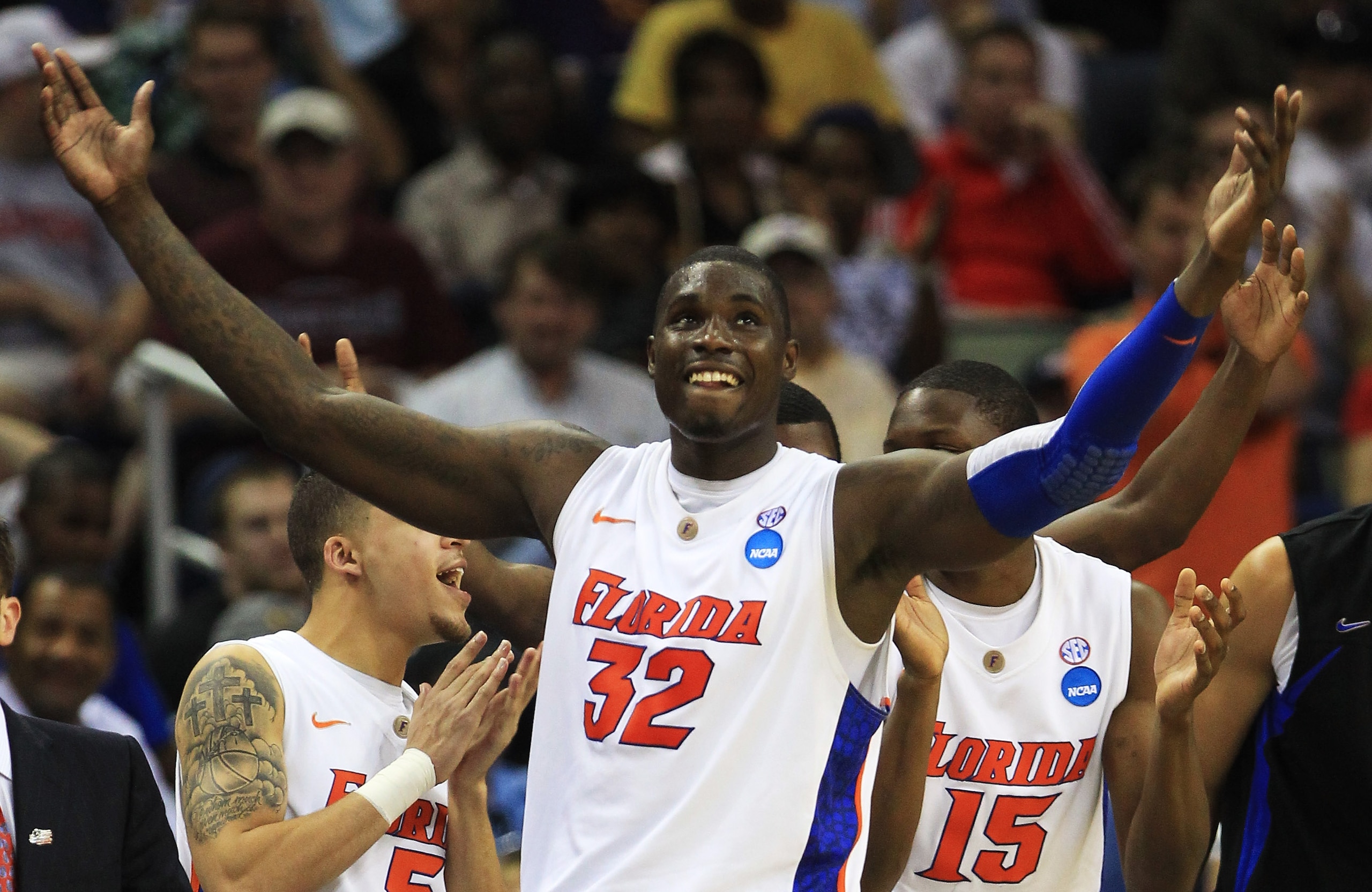 NEW ORLEANS, LA - MARCH 24:  Vernon Macklin #32 of the Florida Gators celebrates durig their 83 to 74 win over the Brigham Young Cougars during the Southeast regional of the 2011 NCAA men's basketball tournament at New Orleans Arena on March 24, 2011 in N