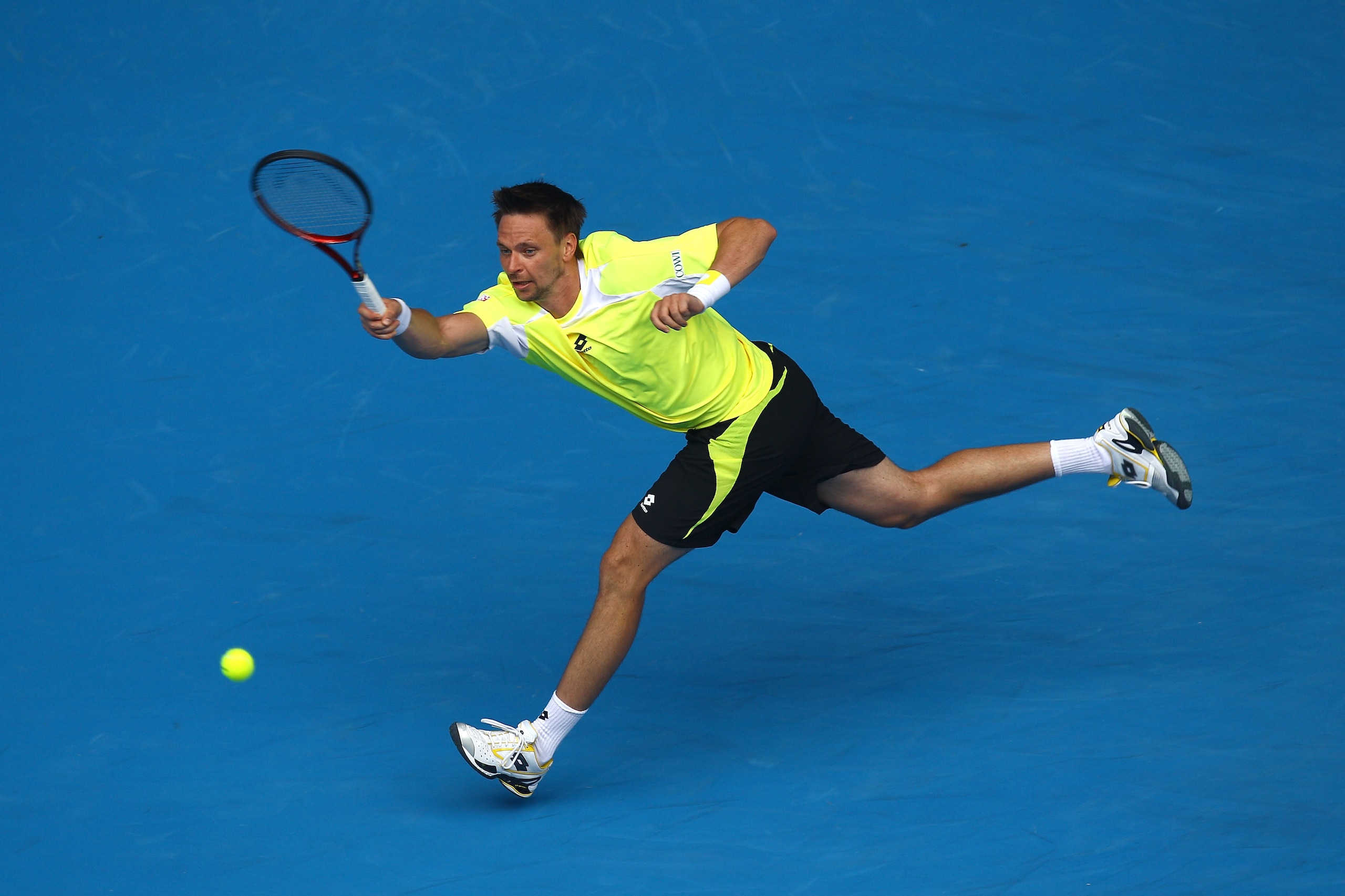 MELBOURNE, AUSTRALIA - JANUARY 24:  Robin Soderling of Sweden plays forehand in his fourth round match against Alexandr Dolgopolov of the Ukraine during day eight of the 2011 Australian Open at Melbourne Park on January 24, 2011 in Melbourne, Australia.
