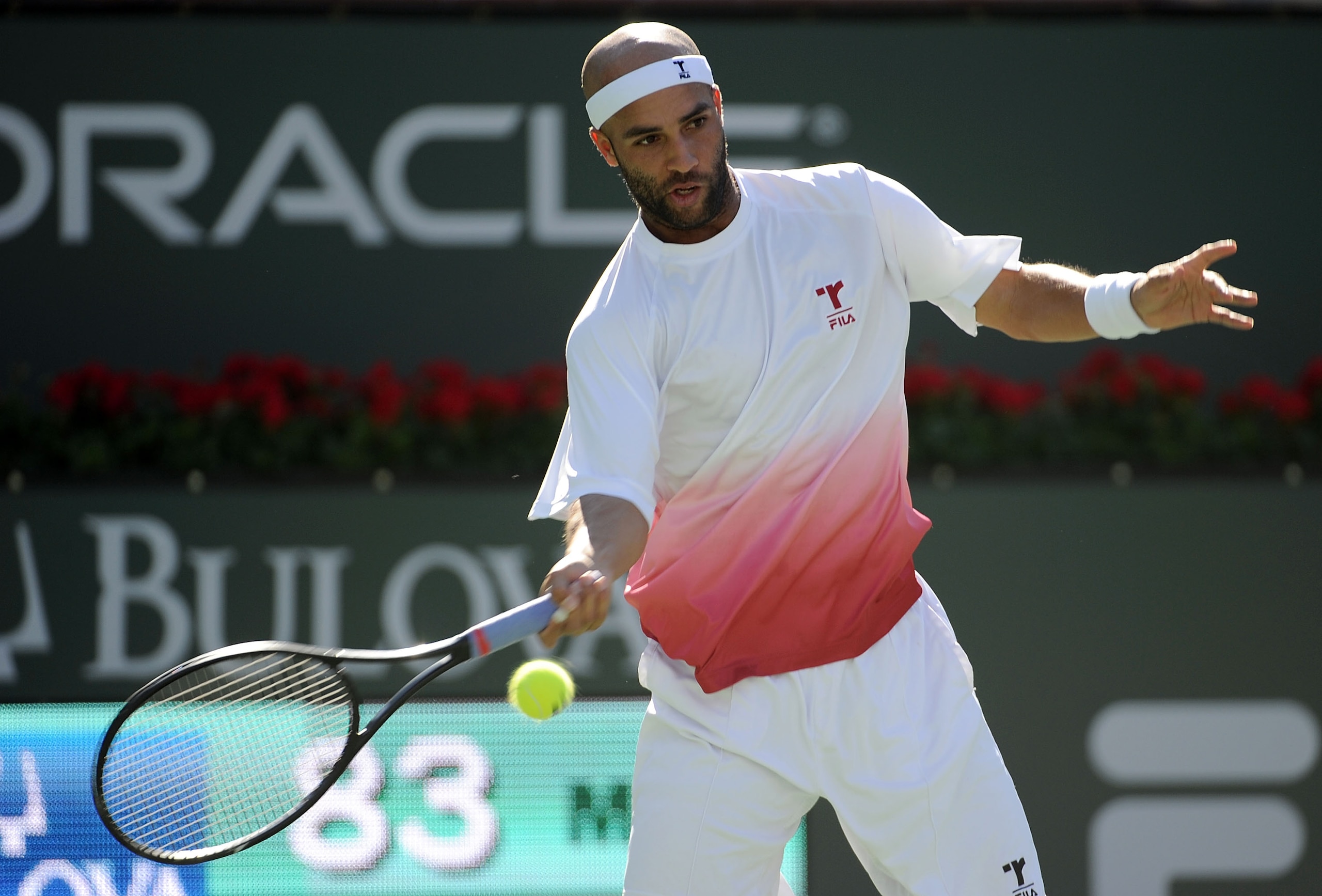 INDIAN WELLS, CA - MARCH 12:  James Blake of the United States hits a forehand in his match against Daniel Gimeno-Traver of Spain during the BNP Paribas Open at the Indian Wells Tennis Garden on March 12, 2010 in Indian Wells, California.  (Photo by Harry
