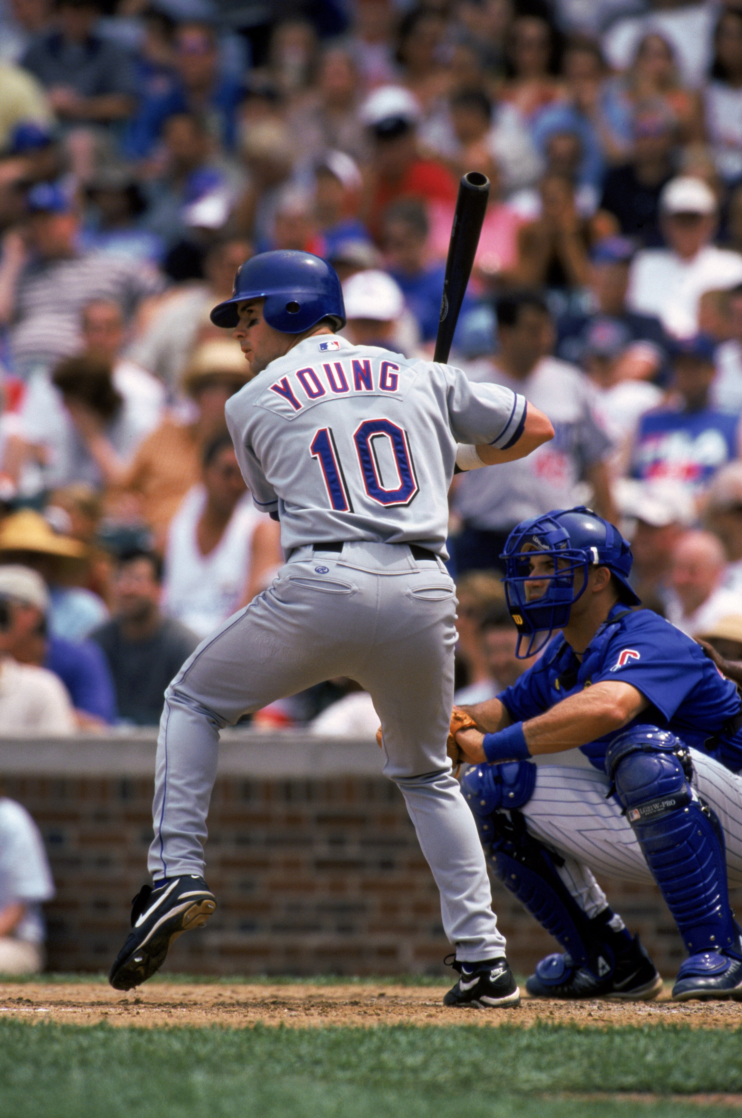 CHICAGO - JUNE 19:  Second baseman Michael Young #10 of the Texas Rangers waits for the pitch during the MLB game against the Chicago Cubs at Wrigley Field in Chicago, Illinois on June 19, 2002. The Rangers defeated the Cubs 7-4. (Photo by Jonathan Daniel