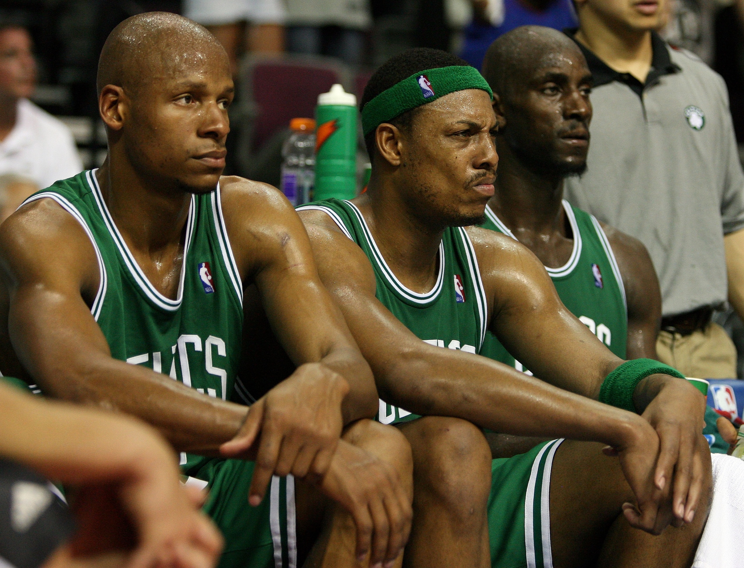 AUBURN HILLS, MI - MAY 26:  Ray Allen #20, Paul Pierce #34 and Kevin Garnett #5 of the Boston Celtics look on from the bench against the Detroit Pistons during Game Four of the Eastern Conference finals during the 2008 NBA Playoffs at the Palace at Auburn