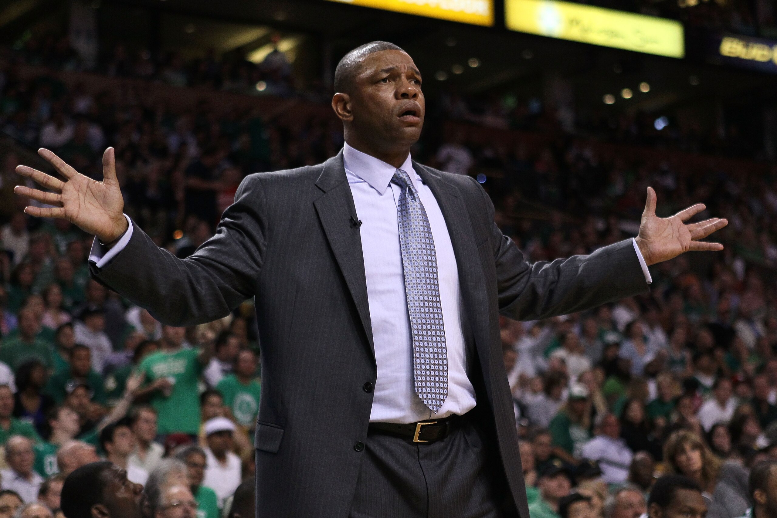 BOSTON - MAY 28:  Head coach Doc Rivers of the Boston Celtics reacts against the Orlando Magic in Game Six of the Eastern Conference Finals during the 2010 NBA Playoffs at TD Garden on May 28, 2010 in Boston, Massachusetts.  NOTE TO USER: User expressly a