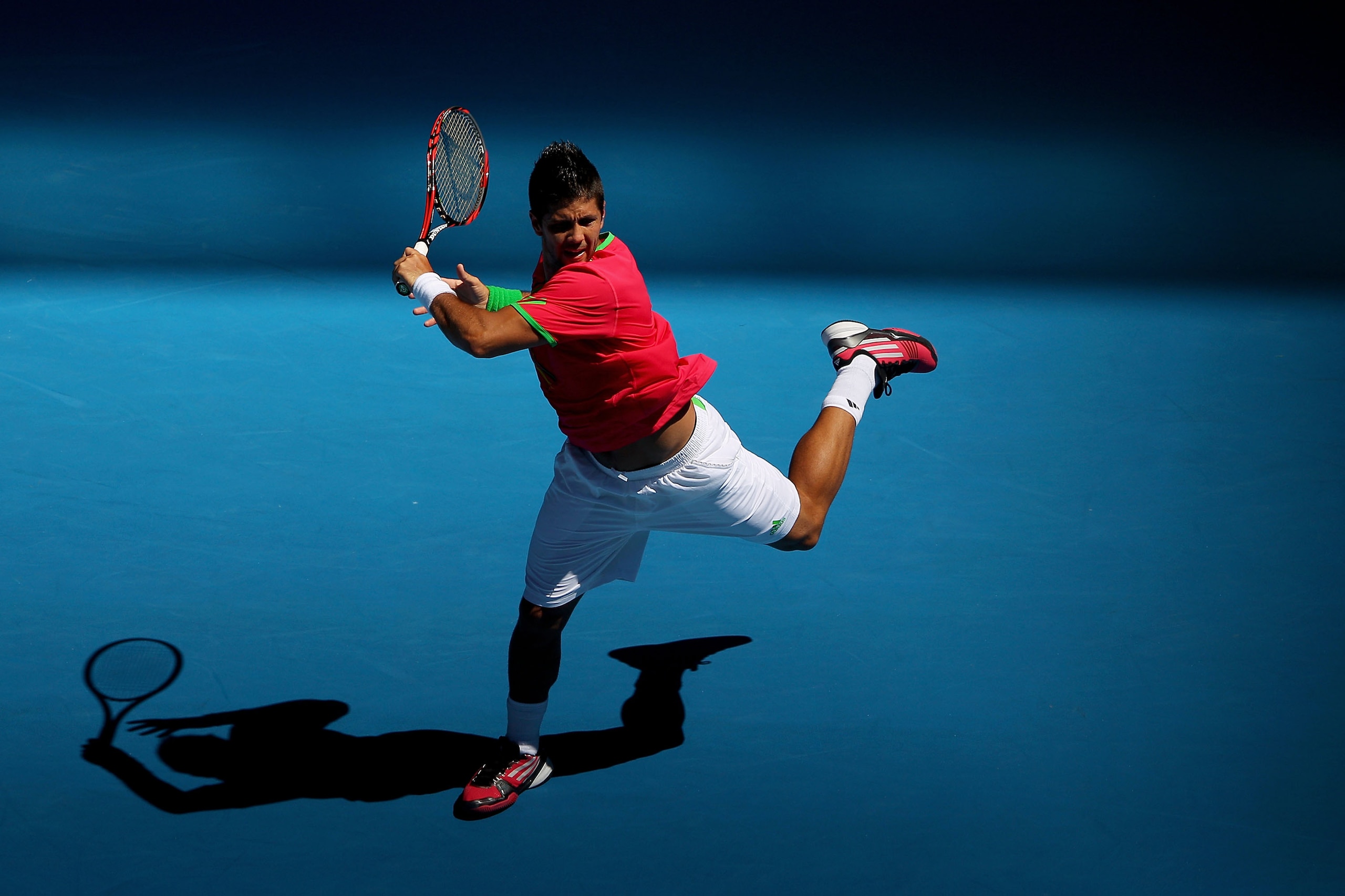 MELBOURNE, AUSTRALIA - JANUARY 19:  Fernando Verdasco of Spain plays a forehand in his second round match against Janko Tipsarevic of Serbia during day three of the 2011 Australian Open at Melbourne Park on January 19, 2011 in Melbourne, Australia.  (Phot