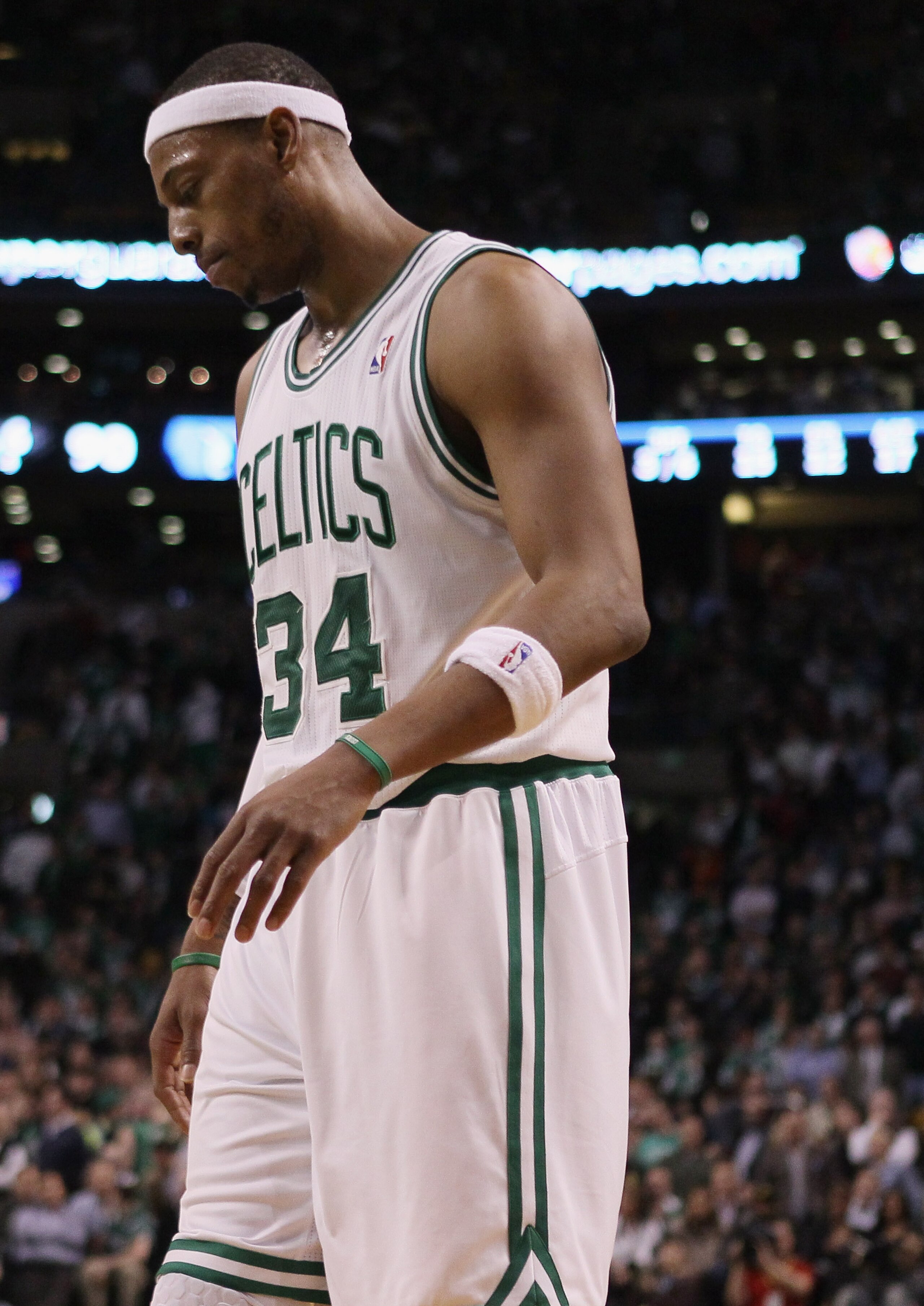 BOSTON, MA - MARCH 23:  Paul Pierce #34 of the Boston Celtics reacts late in the fourth quarter against the Memphis Grizzlies on March 23, 2011 at the TD Garden in Boston, Massachusetts.  The Memphis Grizzlies defeated the Boston Celtics 90-87. NOTE TO US