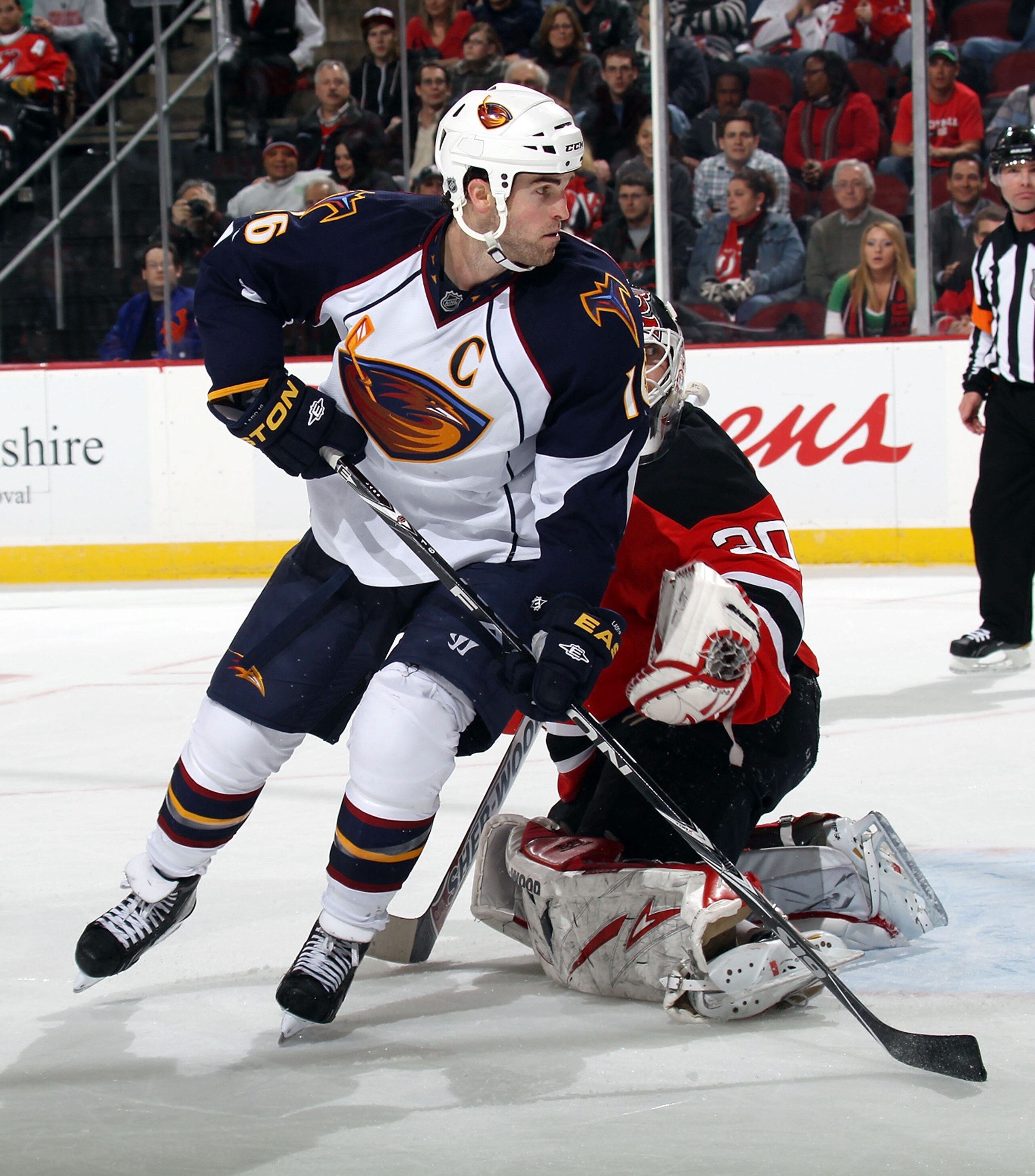 NEWARK, NJ - MARCH 15:  Andrew Ladd #16 of the Atlanta Thrashers skates against the New Jersey Devils at the Prudential Center on March 15, 2011 in Newark, New Jersey. The Devils defeated the Thrashers 4-2.  (Photo by Bruce Bennett/Getty Images)