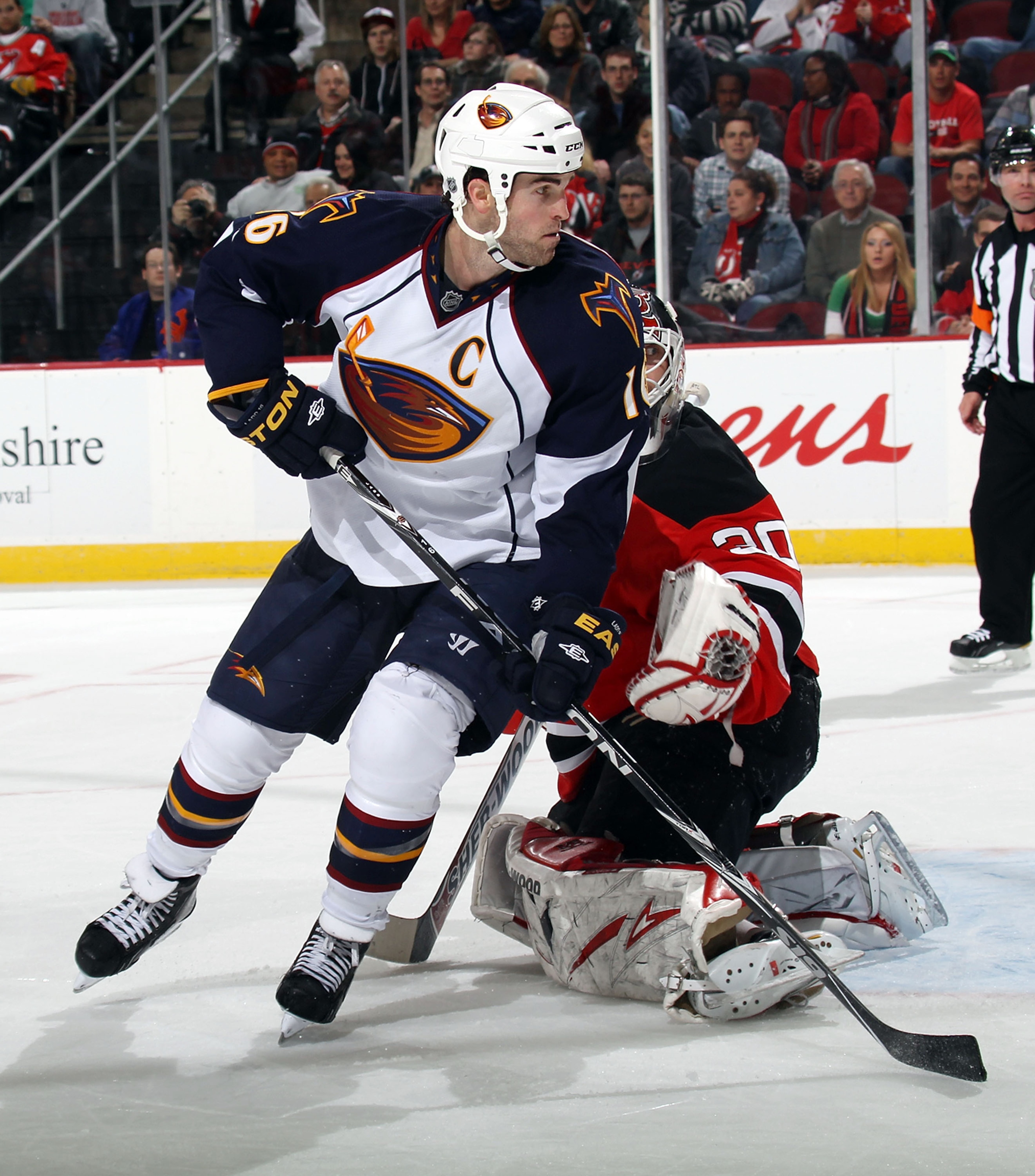 NEWARK, NJ - MARCH 15:  Andrew Ladd #16 of the Atlanta Thrashers skates against the New Jersey Devils at the Prudential Center on March 15, 2011 in Newark, New Jersey. The Devils defeated the Thrashers 4-2.  (Photo by Bruce Bennett/Getty Images)