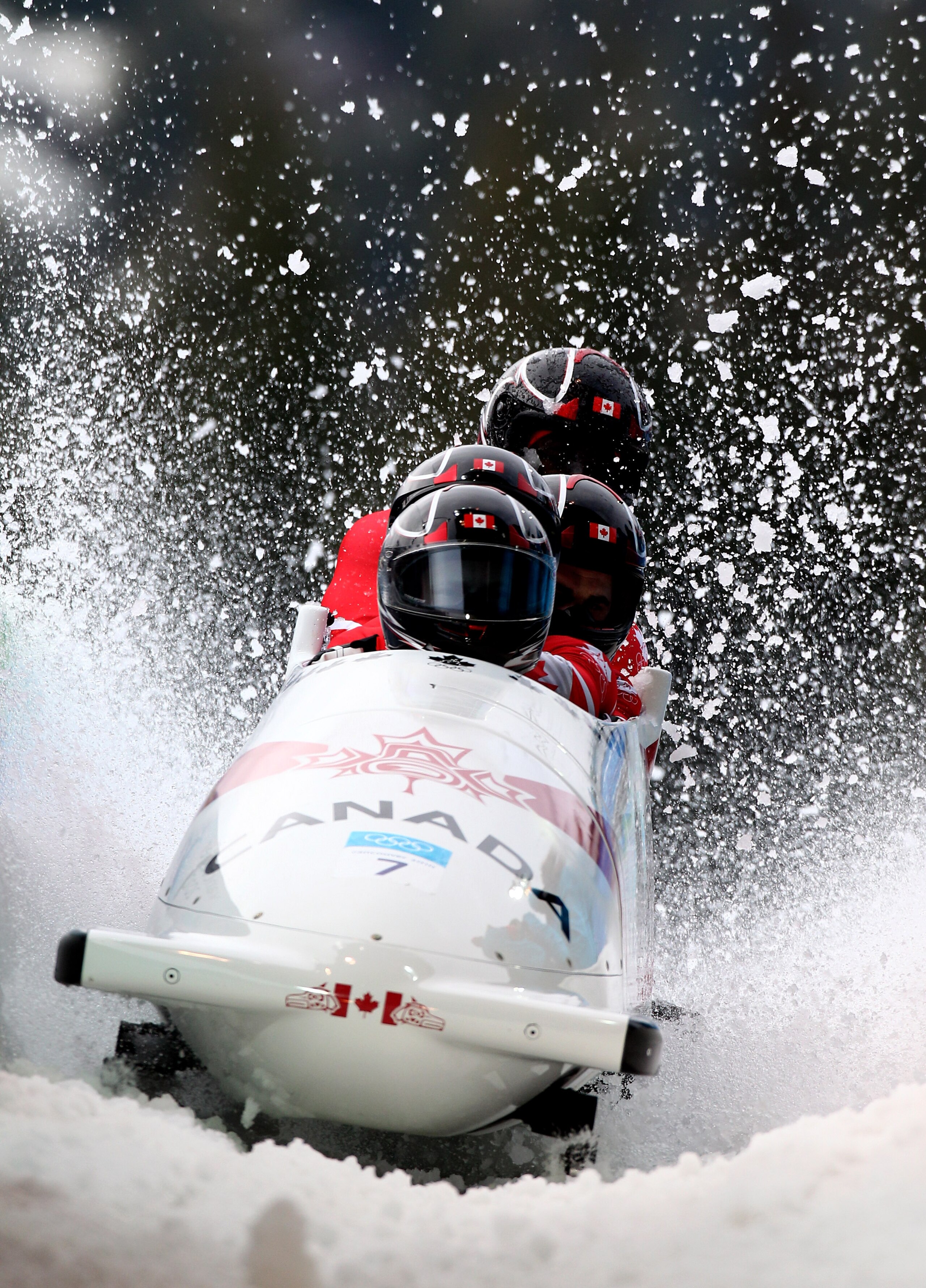 WHISTLER, BC - FEBRUARY 27: Canada 1 driven by Lyndon Rush completes heat 4 to win the bronze medal during the men's four man bobsleigh on day 16 of the 2010 Vancouver Winter Olympics at the Whistler Sliding Centre on February 27, 2010 in Whistler, Canad WHISTLER, BC - FEBRUARY 27: Canada 1 driven by Lyndon Rush completes heat 4 to win the bronze medal during the men's four man bobsleigh on day 16 of the 2010 Vancouver Winter Olympics at the Whistler Sliding Centre on February 27, 2010 in Whistler, Canad