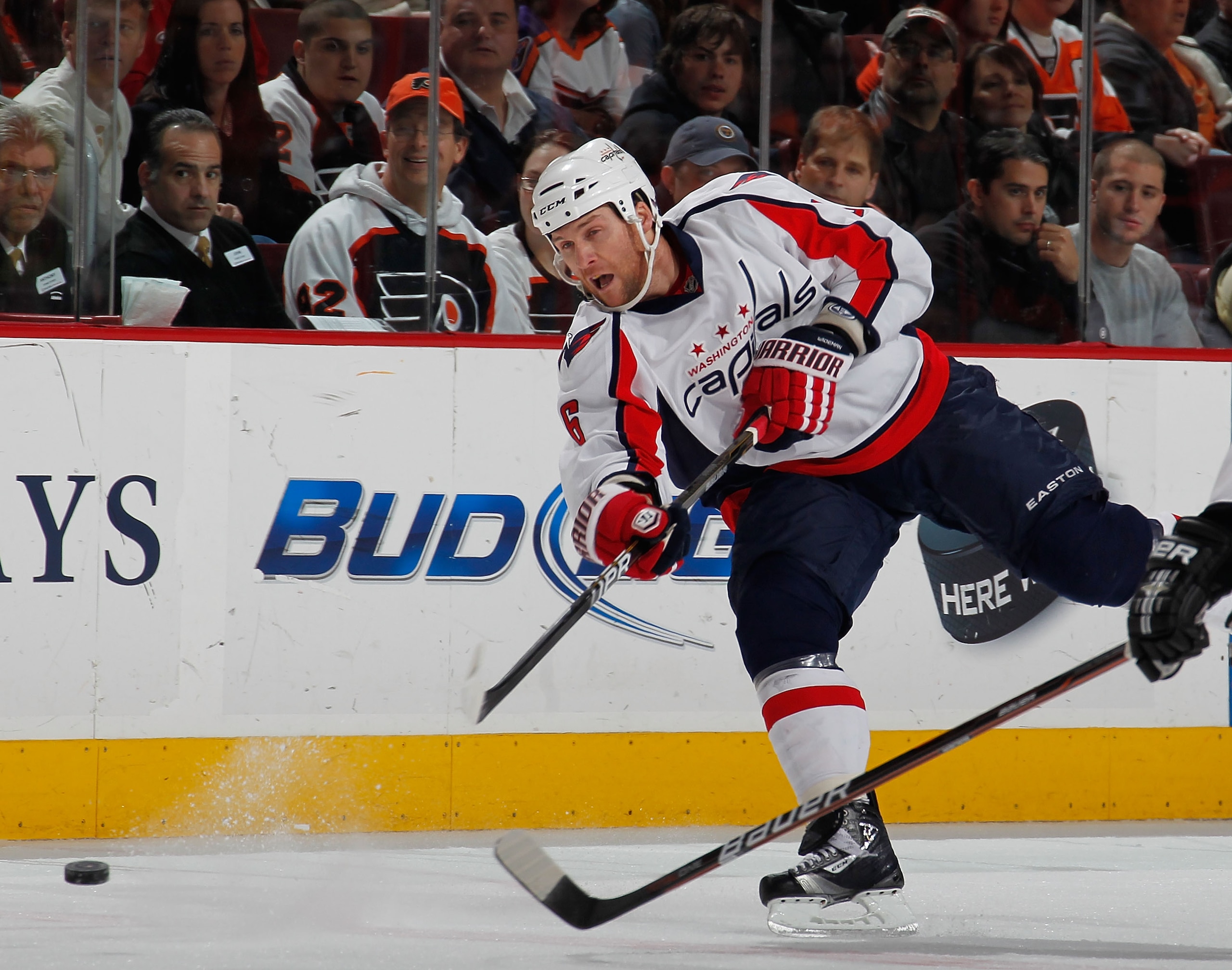 PHILADELPHIA, PA - MARCH 22:  Dennis Wideman #6 of the Washington Capitals shoots during an NHL hockey game against the Philadelphia Flyers at the Wells Fargo Center on March 22, 2011 in Philadelphia, Pennsylvania.  (Photo by Paul Bereswill/Getty Images)