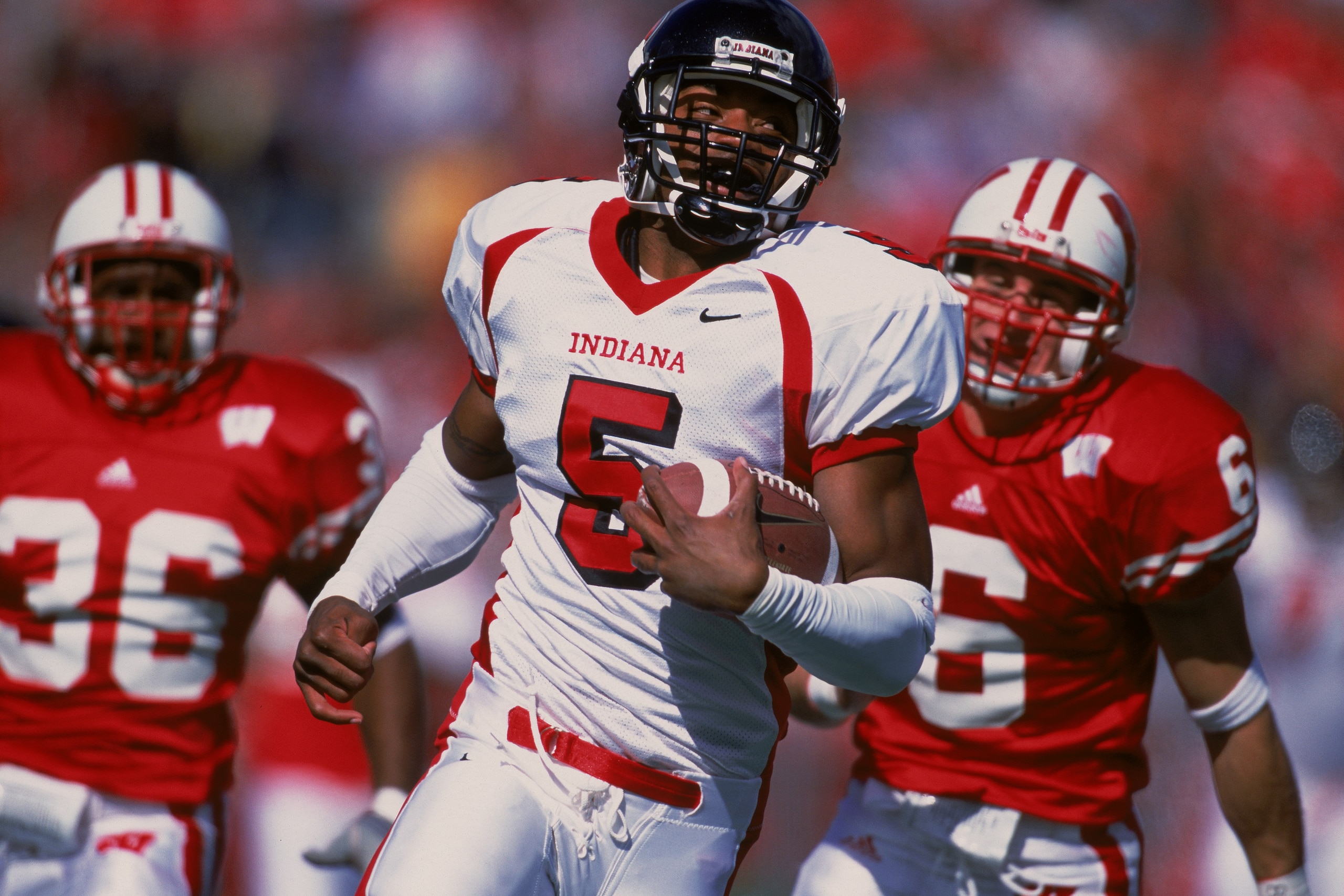 6 Oct 2001: Leuron Williams #5 of the Indiana Hoosiers runs with the ball during the game against the Wisconsin Badgers at Camp Randall Stadium in Madison, Wisconsin. The Hoosiers defeated the Badgers 63-32.Mandatory Credit: Matthew Stockman /Allsport 6 Oct 2001: Leuron Williams #5 of the Indiana Hoosiers runs with the ball during the game against the Wisconsin Badgers at Camp Randall Stadium in Madison, Wisconsin. The Hoosiers defeated the Badgers 63-32.Mandatory Credit: Matthew Stockman /Allsport