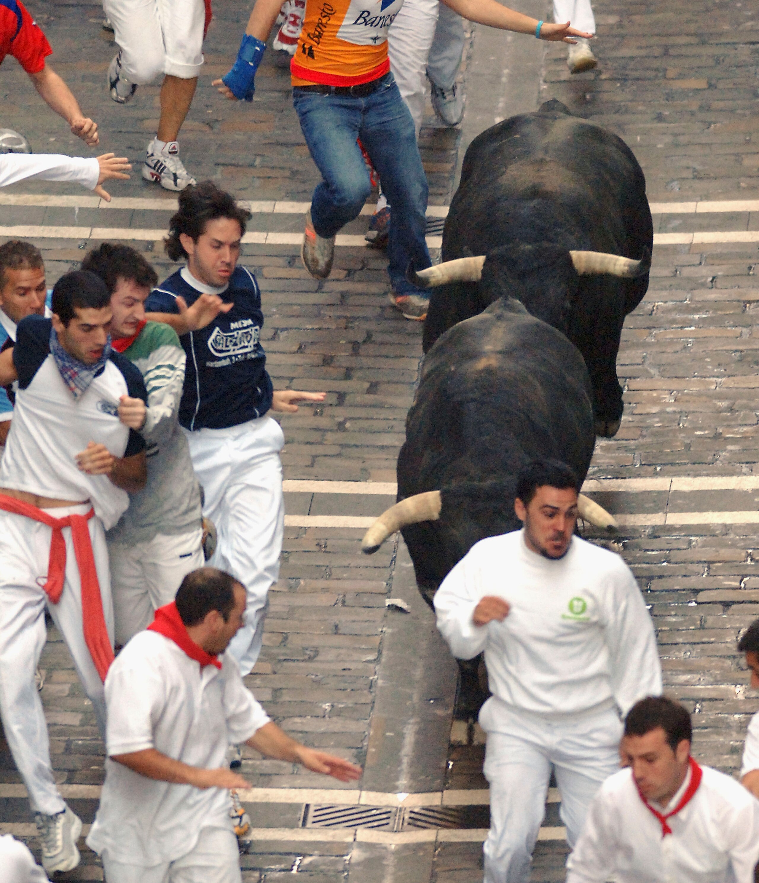 PAMPLONA, SPAIN - JULY 12: People try to evade Juan pedro Domecq running bulls on the sixth day of the San Fermin Fiesta on July 12, 2005 in Pamplona, Spain. The 'Encierro' or running of the bulls dates back to the 14th century when bulls were herded down PAMPLONA, SPAIN - JULY 12: People try to evade Juan pedro Domecq running bulls on the sixth day of the San Fermin Fiesta on July 12, 2005 in Pamplona, Spain. The 'Encierro' or running of the bulls dates back to the 14th century when bulls were herded down