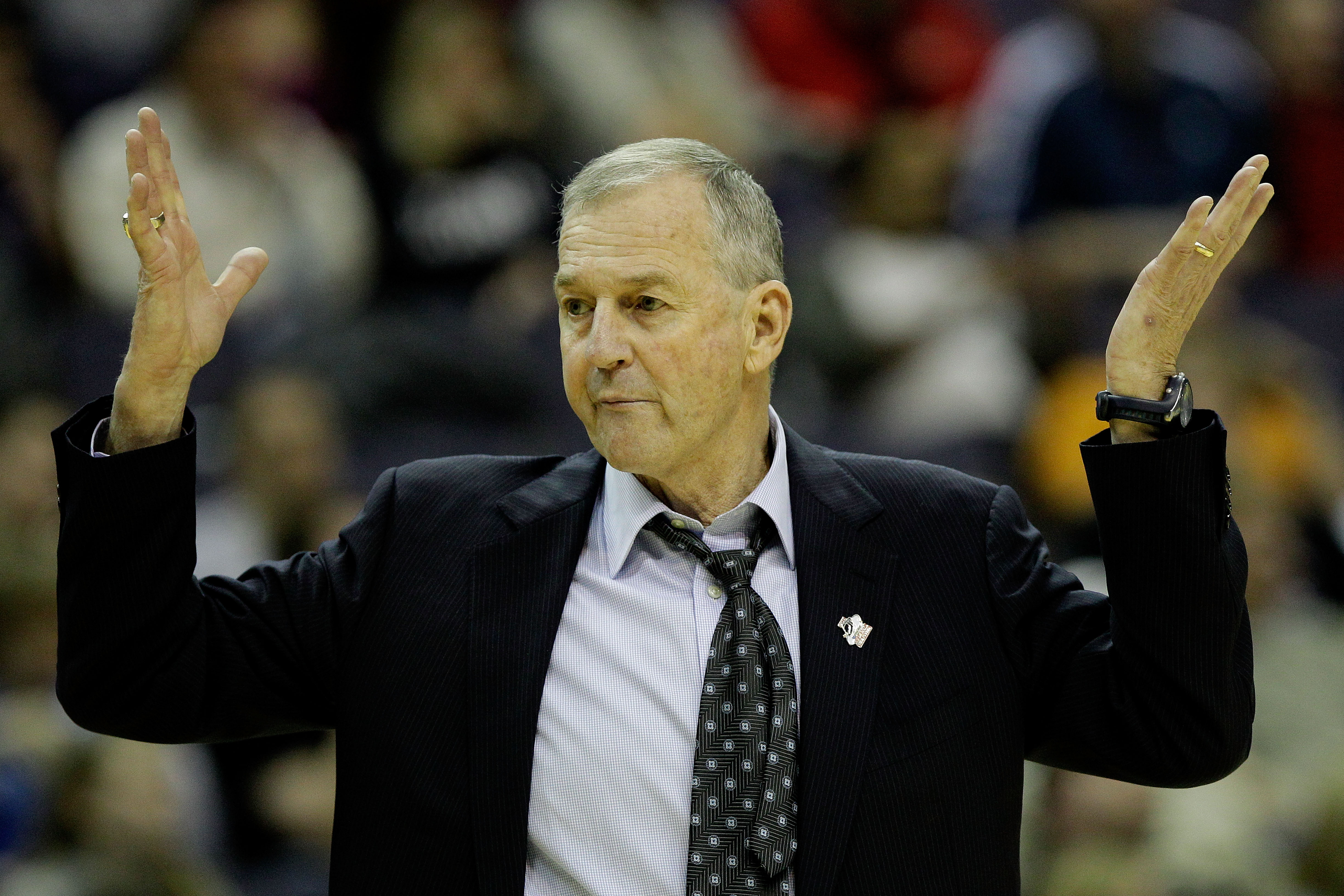 WASHINGTON - MARCH 19:  Head coach Jim Calhoun of the Connecticut Huskies gives instructions during their game against the Cincinnati Bearcats during the third round of the 2011 NCAA men's basketball tournament at Verizon Center on March 19, 2011 in Washi