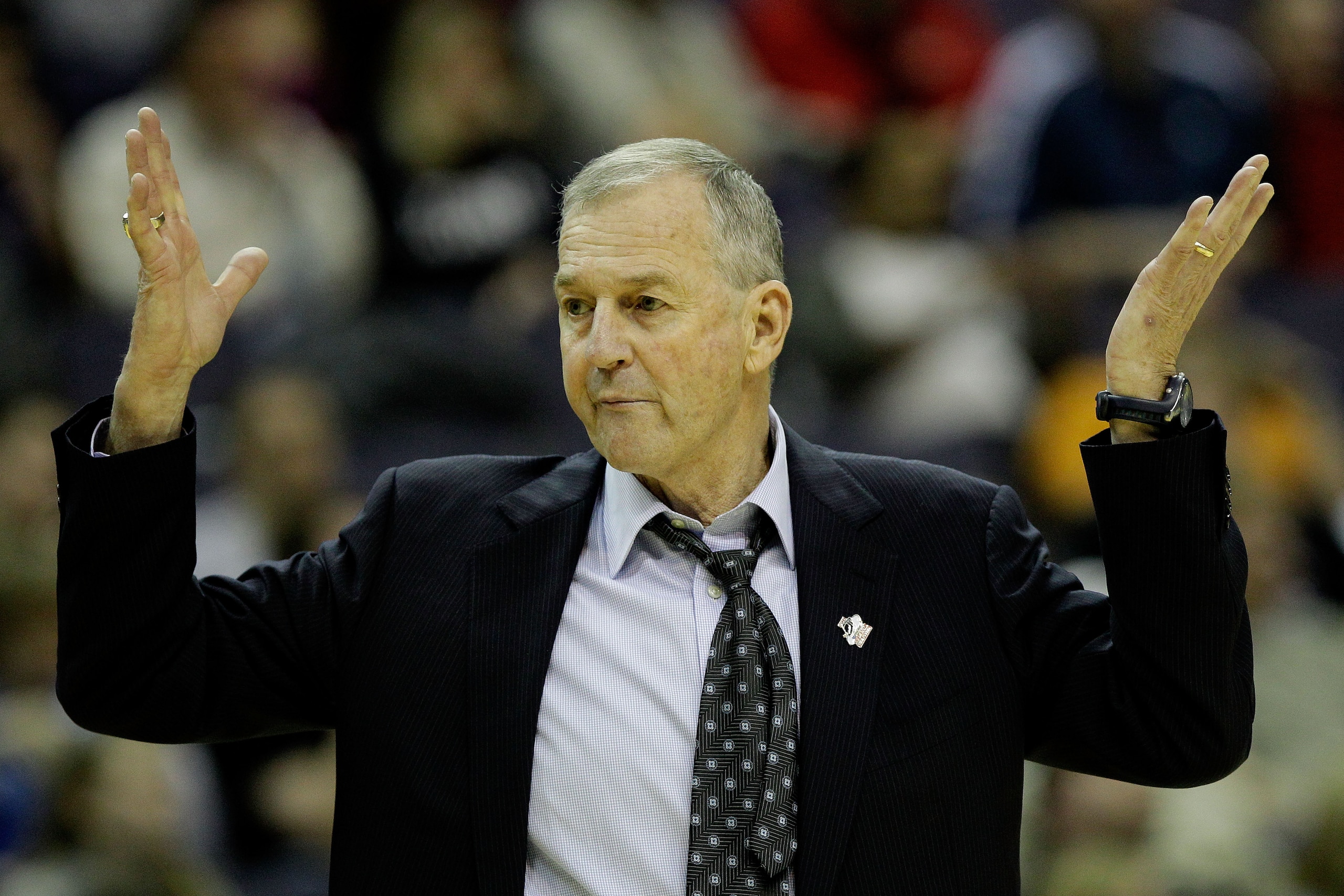 WASHINGTON - MARCH 19:  Head coach Jim Calhoun of the Connecticut Huskies gives instructions during their game against the Cincinnati Bearcats during the third round of the 2011 NCAA men's basketball tournament at Verizon Center on March 19, 2011 in Washi