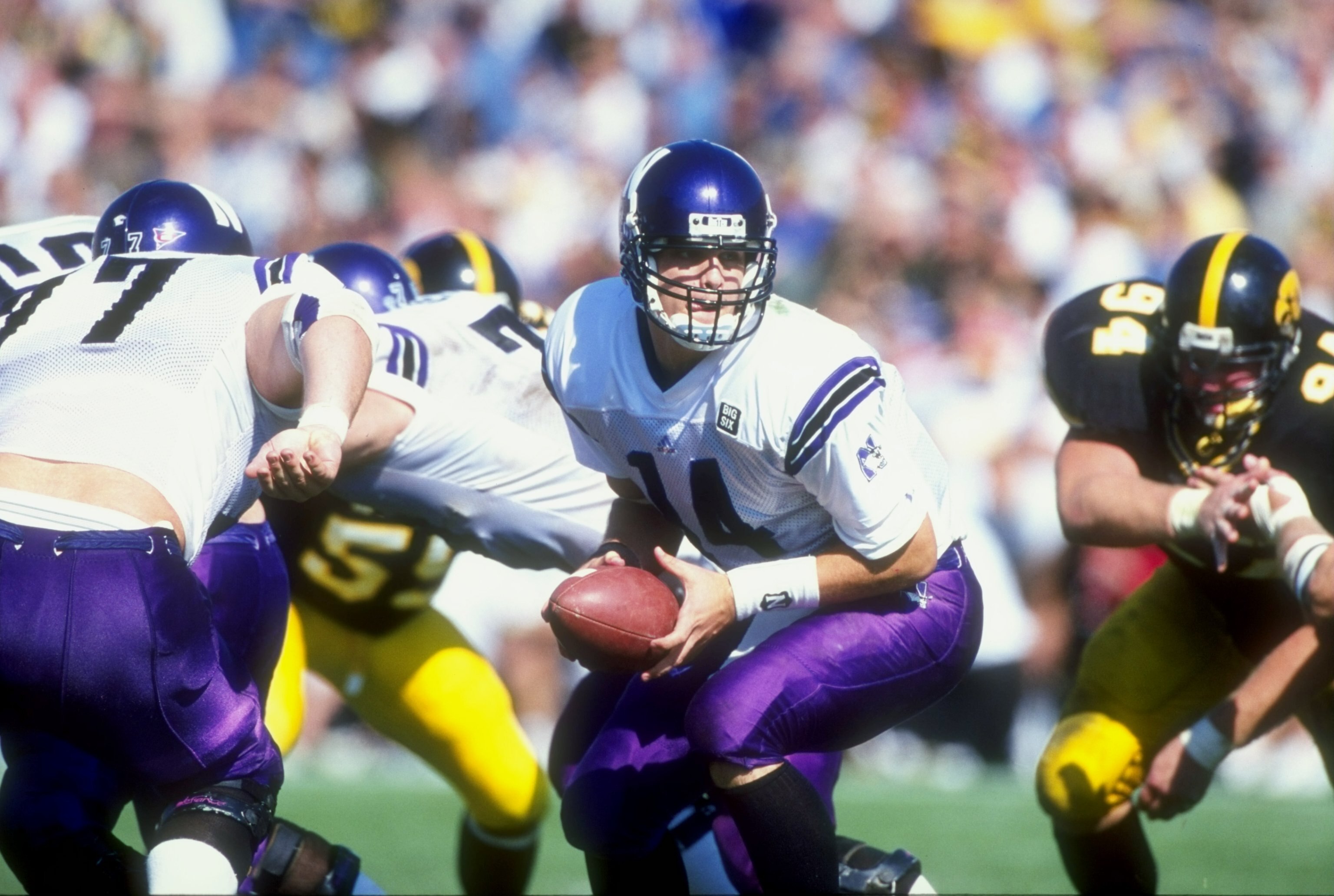 10 Oct 1998: Quarterback Gavin Hoffman #14 of the Northwestern Wildcats in action during the game against the Iowa Hawkeyes at the Kinnick Stadium in Iowa City, Iowa. The Hawkeyes defeated the Wildcats 26-24.