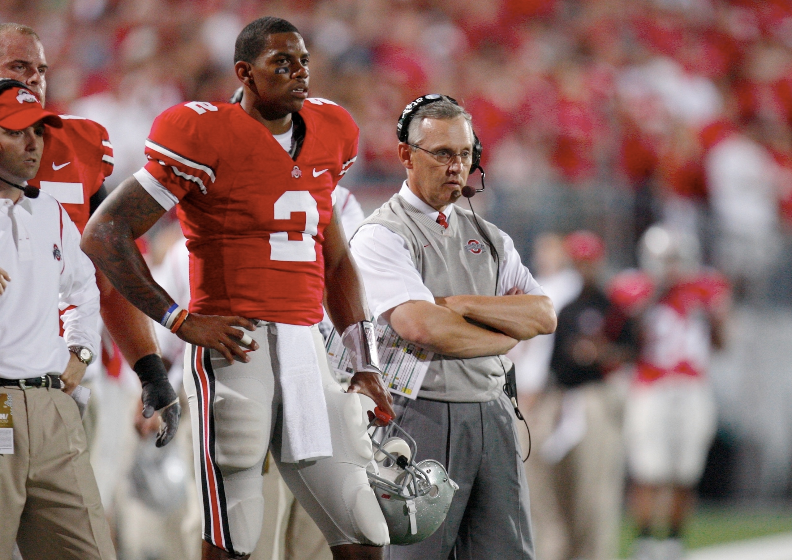 COLUMBUS, OH - SEPTEMBER 12: Terrelle Pryor #2 and head coach Jim Tressel of the Ohio State Buckeyes look on from the sidelines during their game against the USC Trojans at Ohio Stadium on September 12, 2009 in Columbus, Ohio. (Photo by Gregory Shamus/Ge COLUMBUS, OH - SEPTEMBER 12: Terrelle Pryor #2 and head coach Jim Tressel of the Ohio State Buckeyes look on from the sidelines during their game against the USC Trojans at Ohio Stadium on September 12, 2009 in Columbus, Ohio. (Photo by Gregory Shamus/Ge