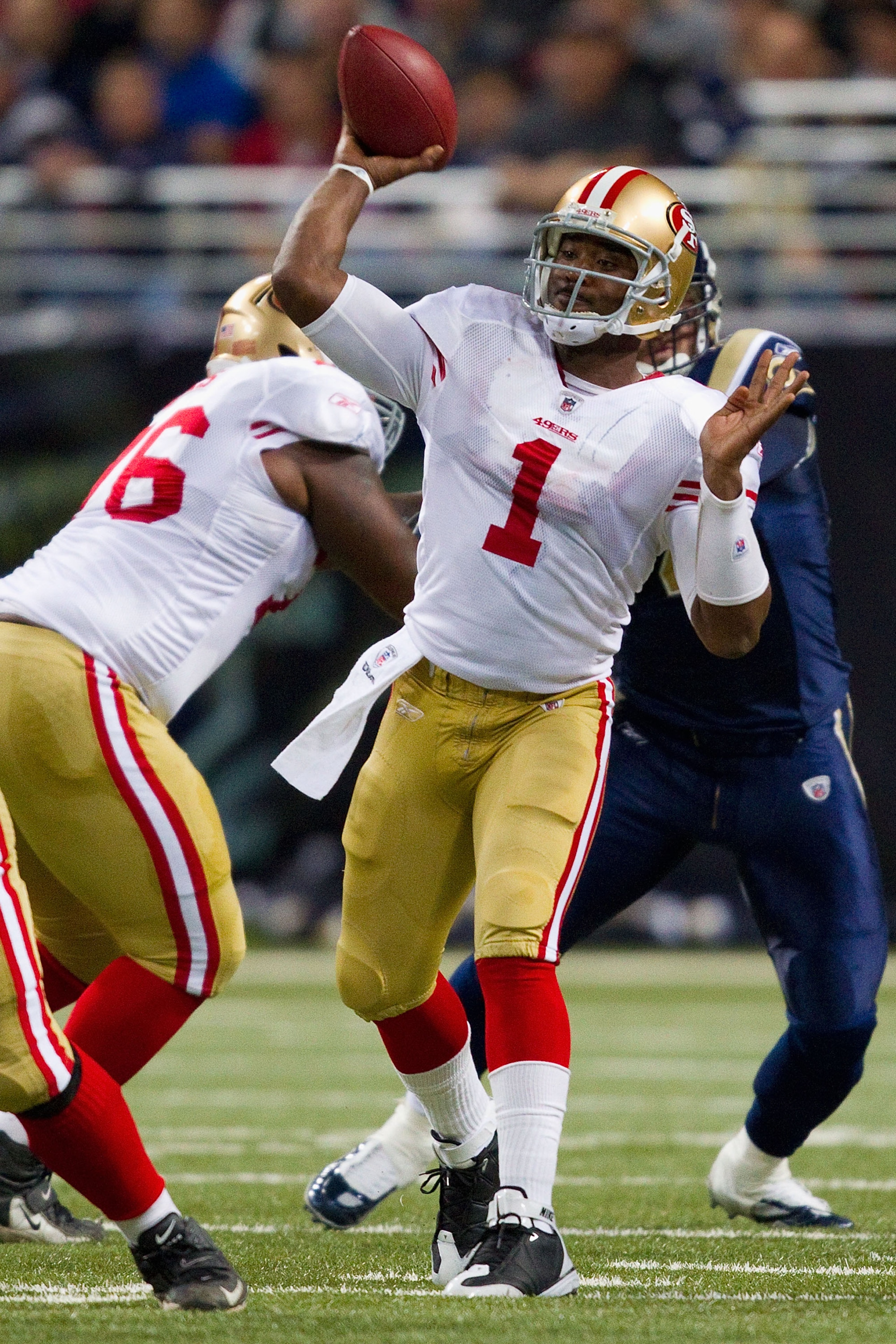 ST. LOUIS, MO - DECEMBER 26: Troy Smith #1 of the San Francisco 49ers passes against the St. Louis Rams at the Edward Jones Dome on December 26, 2010 in St. Louis, Missouri. The Rams beat the 49ers 25-17. (Photo by Dilip Vishwanat/Getty Images)