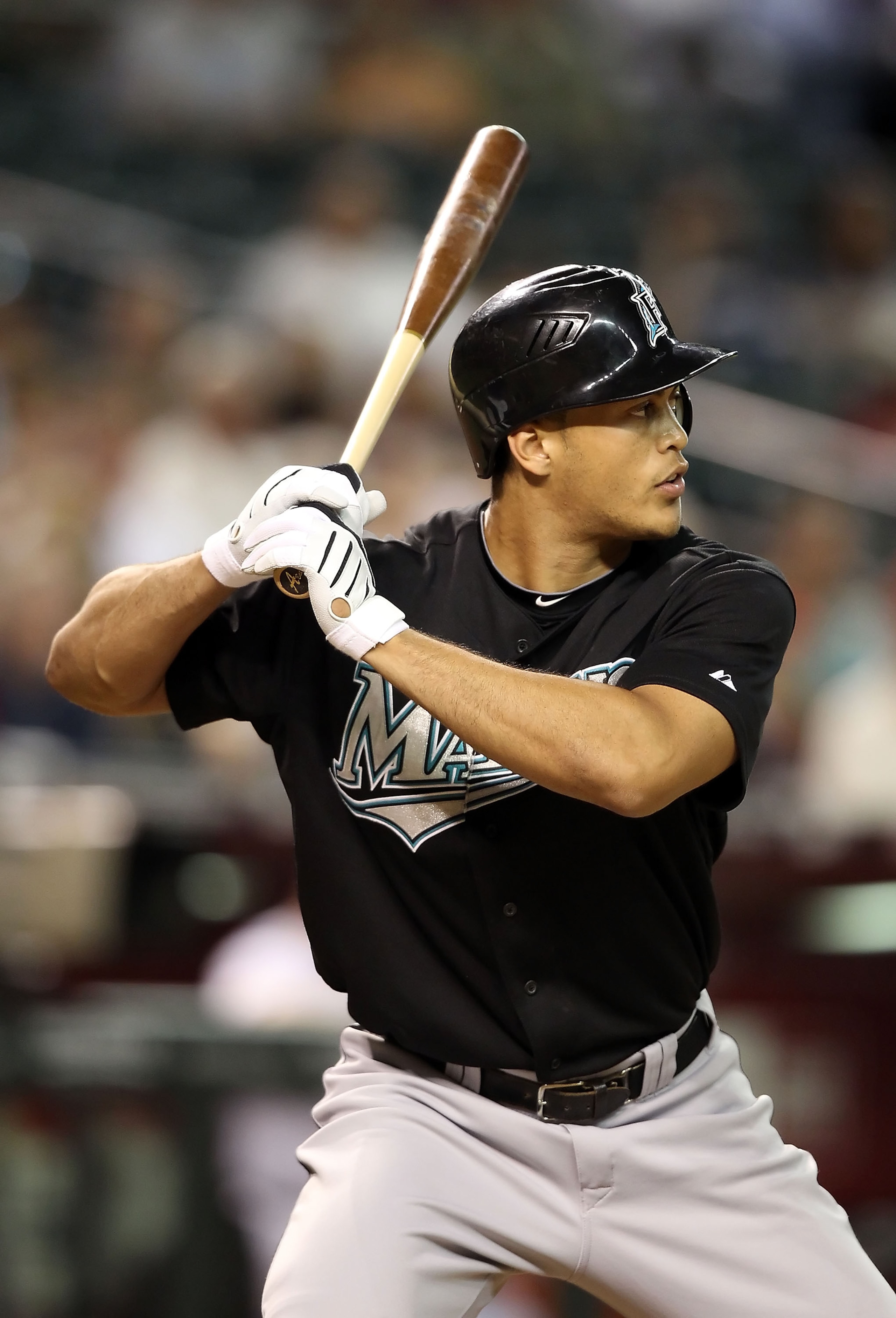 PHOENIX - JULY 08:  Mike Stanton #27 of the Florida Marlins at bat during the Major League Baseball game against the Arizona Diamondbacks at Chase Field on July 8, 2010 in Phoenix, Arizona. The Diamondbacks defeated the Marlins 10-4.  (Photo by Christian