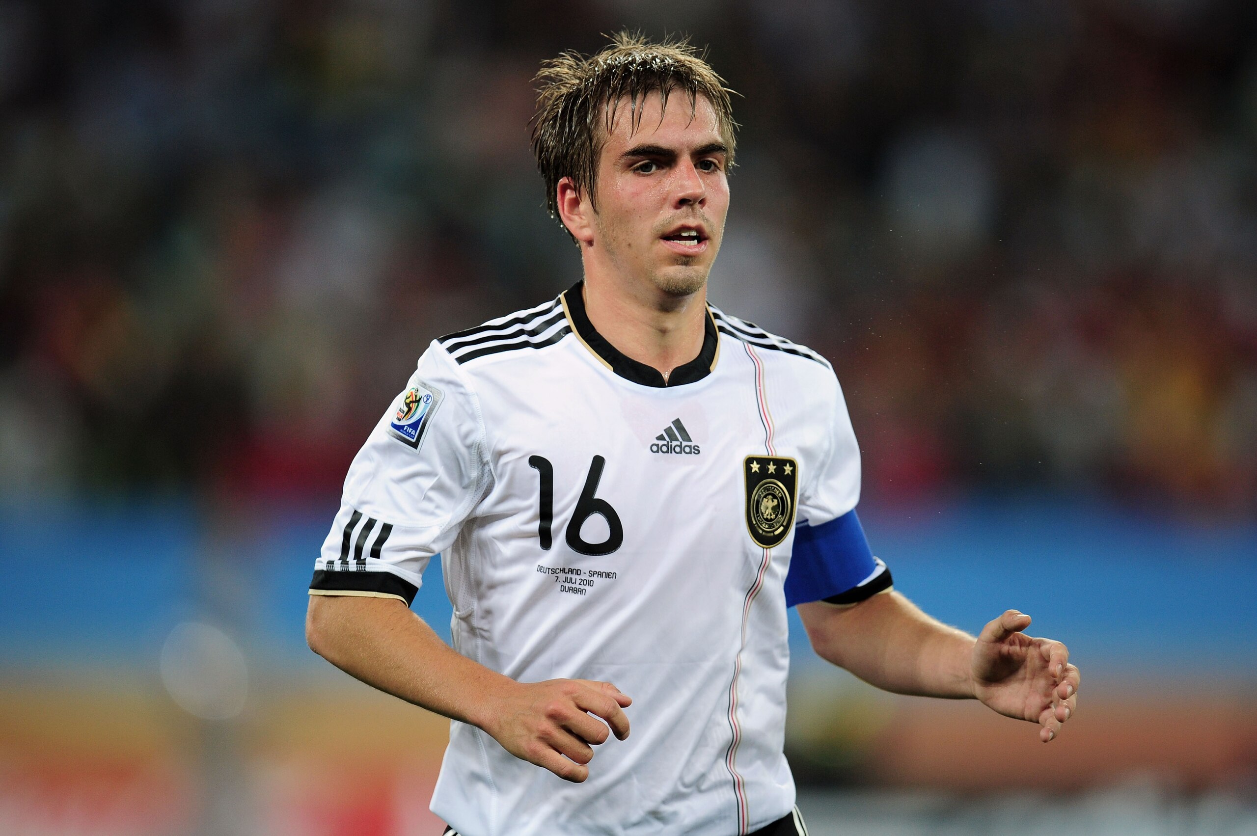 DURBAN, SOUTH AFRICA - JULY 07:  Captain Philipp Lahm of Germany looks on during the 2010 FIFA World Cup South Africa Semi Final match between Germany and Spain at Durban Stadium on July 7, 2010 in Durban, South Africa.  (Photo by Clive Mason/Getty Images