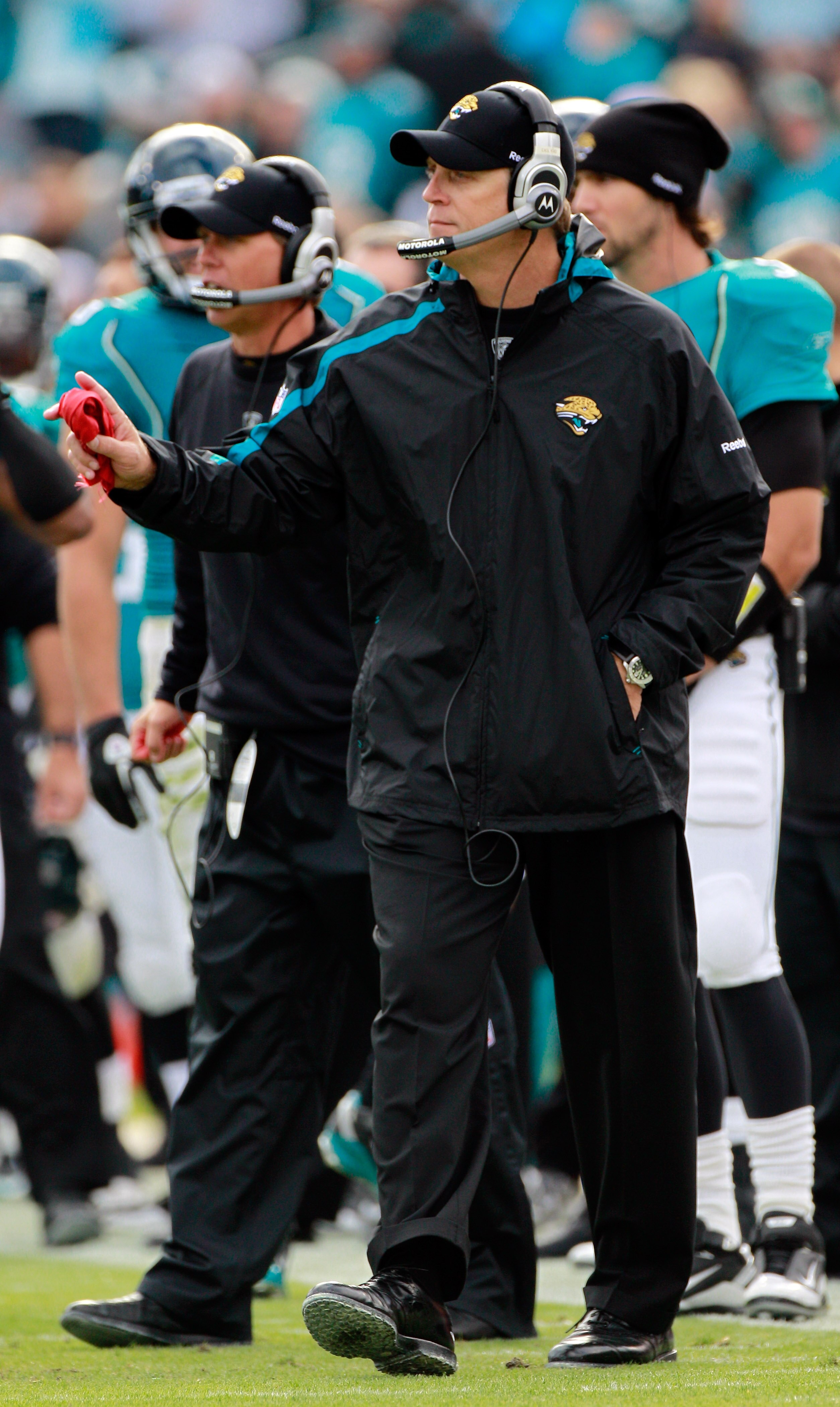 JACKSONVILLE, FL - DECEMBER 12:  Head coach Jack Del Rio of the Jacksonville Jaguars holds the red challenge flag during the game against the Oakland Raiders at EverBank Field on December 12, 2010 in Jacksonville, Florida.  (Photo by Sam Greenwood/Getty I