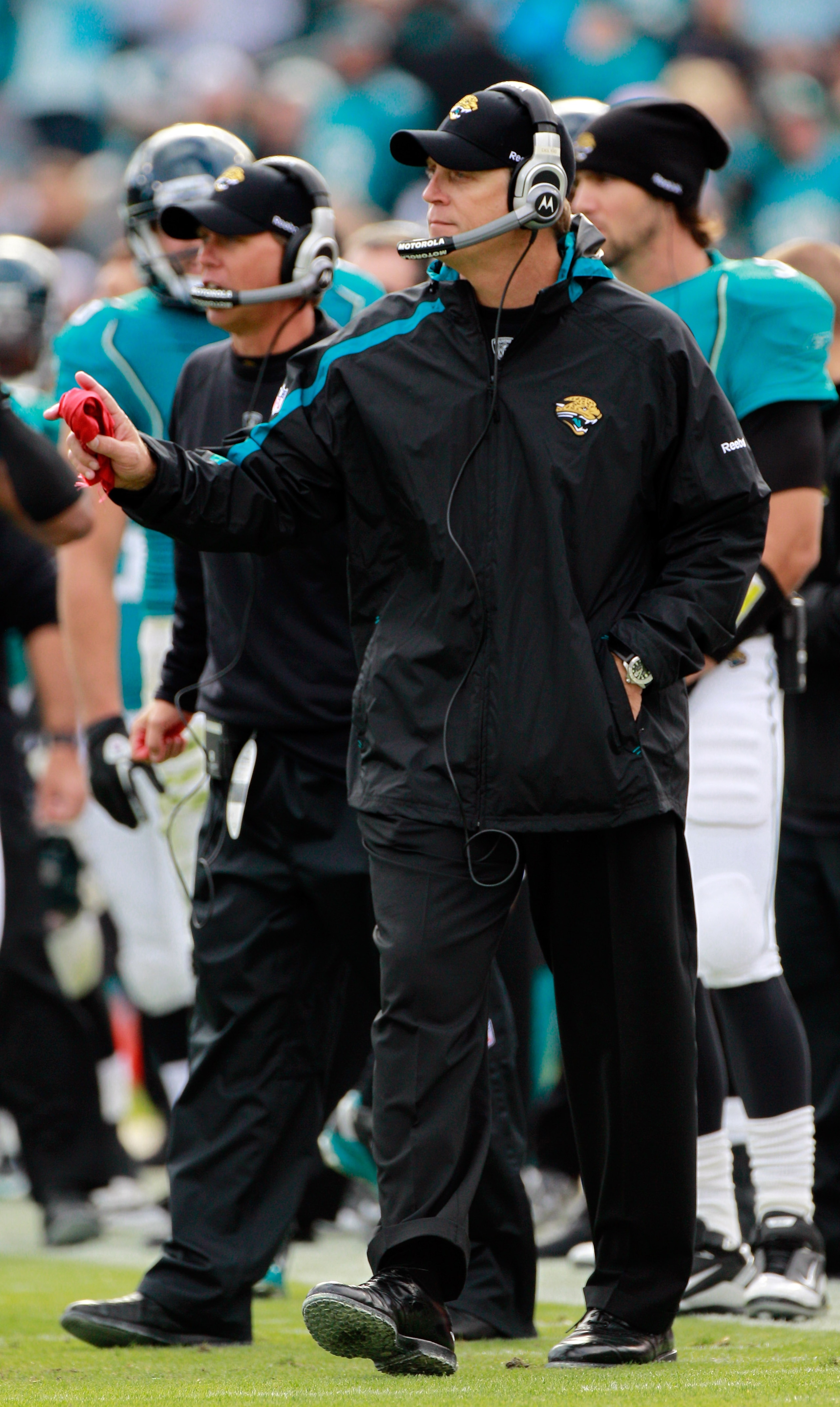 JACKSONVILLE, FL - DECEMBER 12:  Head coach Jack Del Rio of the Jacksonville Jaguars holds the red challenge flag during the game against the Oakland Raiders at EverBank Field on December 12, 2010 in Jacksonville, Florida.  (Photo by Sam Greenwood/Getty I