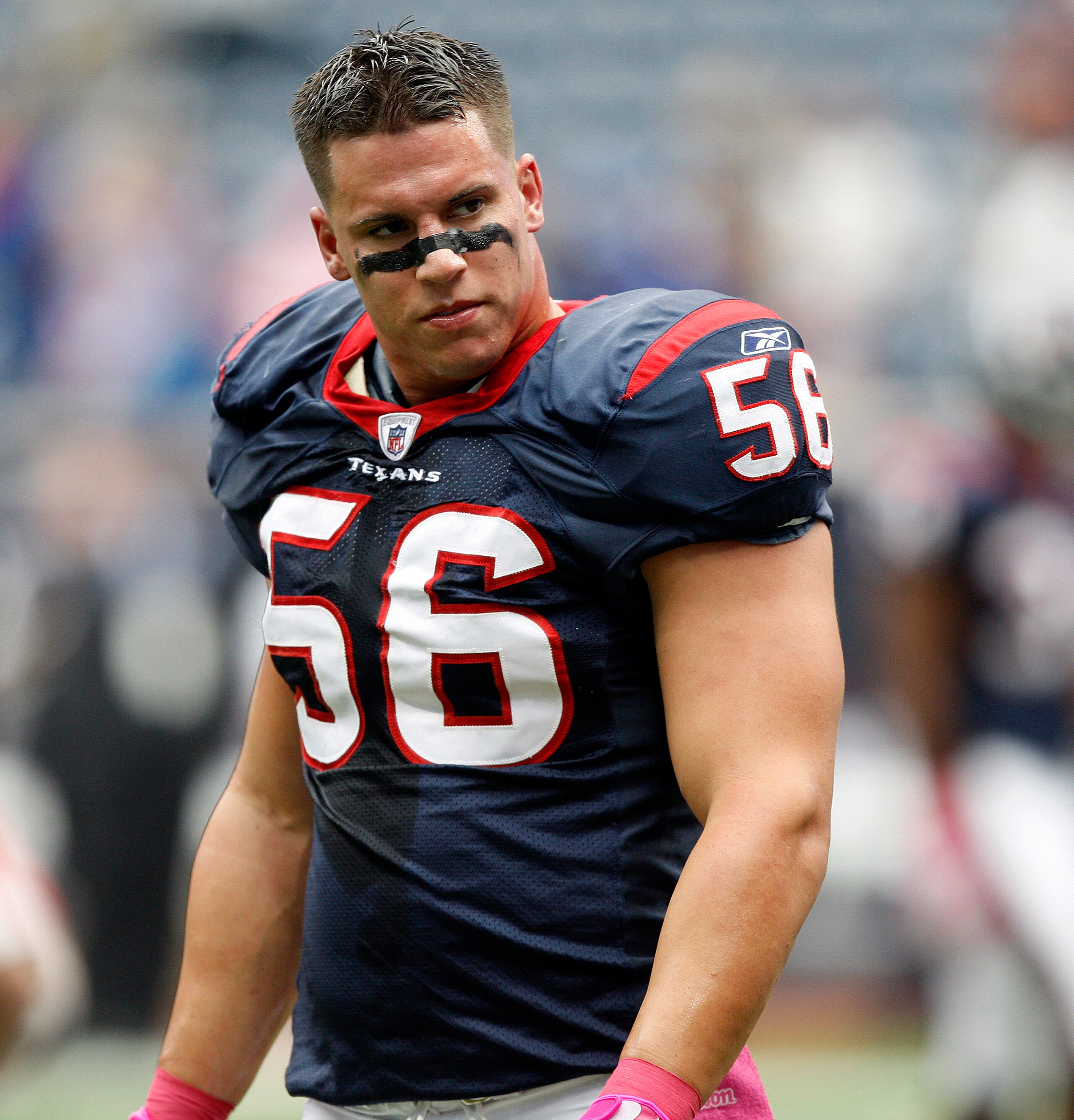 HOUSTON - OCTOBER 10:  Linebacker Brian Cushing #56 of the Houston Texans during warm ups before playing the New York Giants at Reliant Stadium on October 10, 2010 in Houston, Texas. Cushing is making his season debut after serving a four game suspension