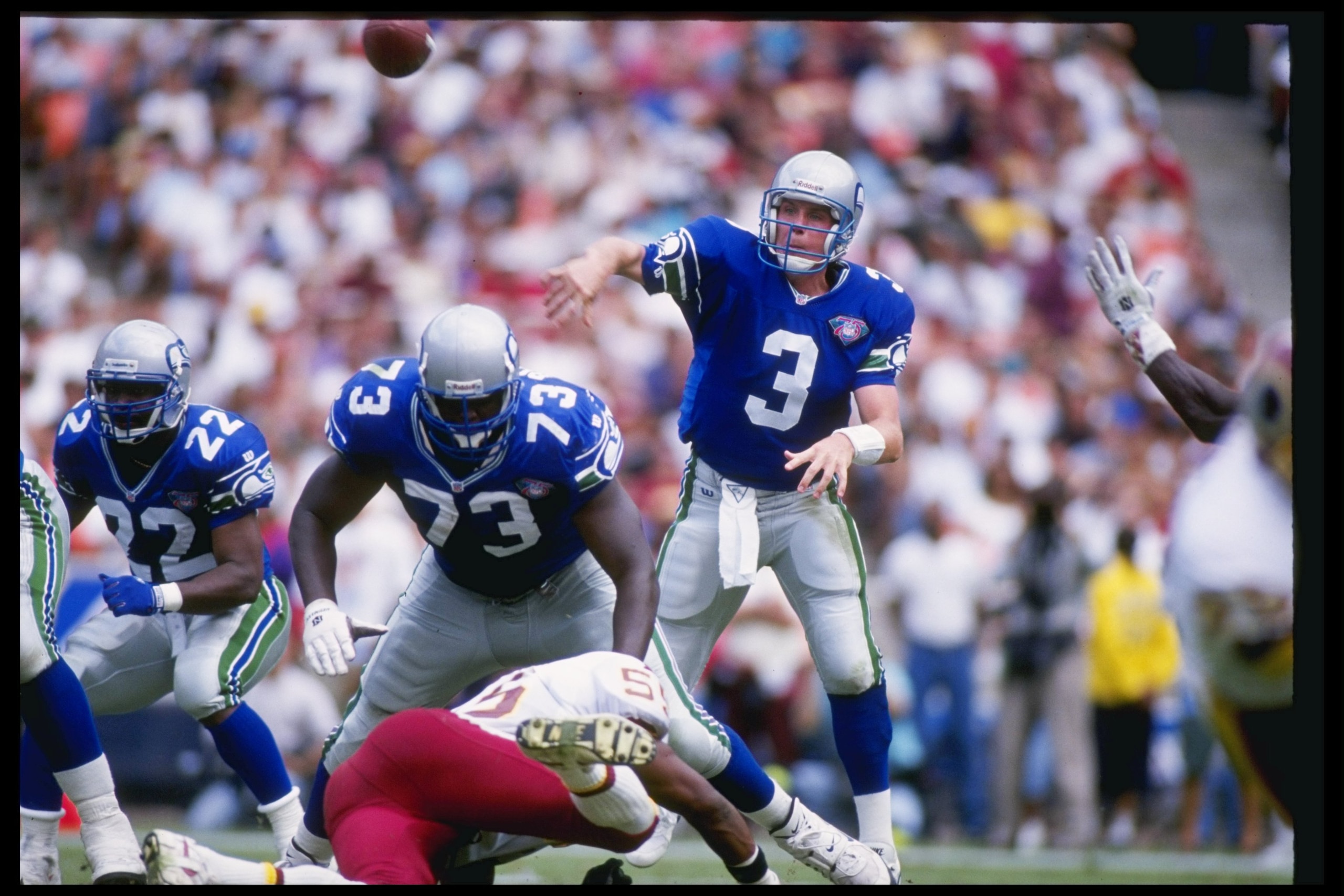 4 Sep 1994: Quarterback Rick Mirer of the Seattle Seahawks passes the ball during a game against the Washington Redskins at RFK Stadium in Washington, D. C. The Seahawks won the game, 28-7.