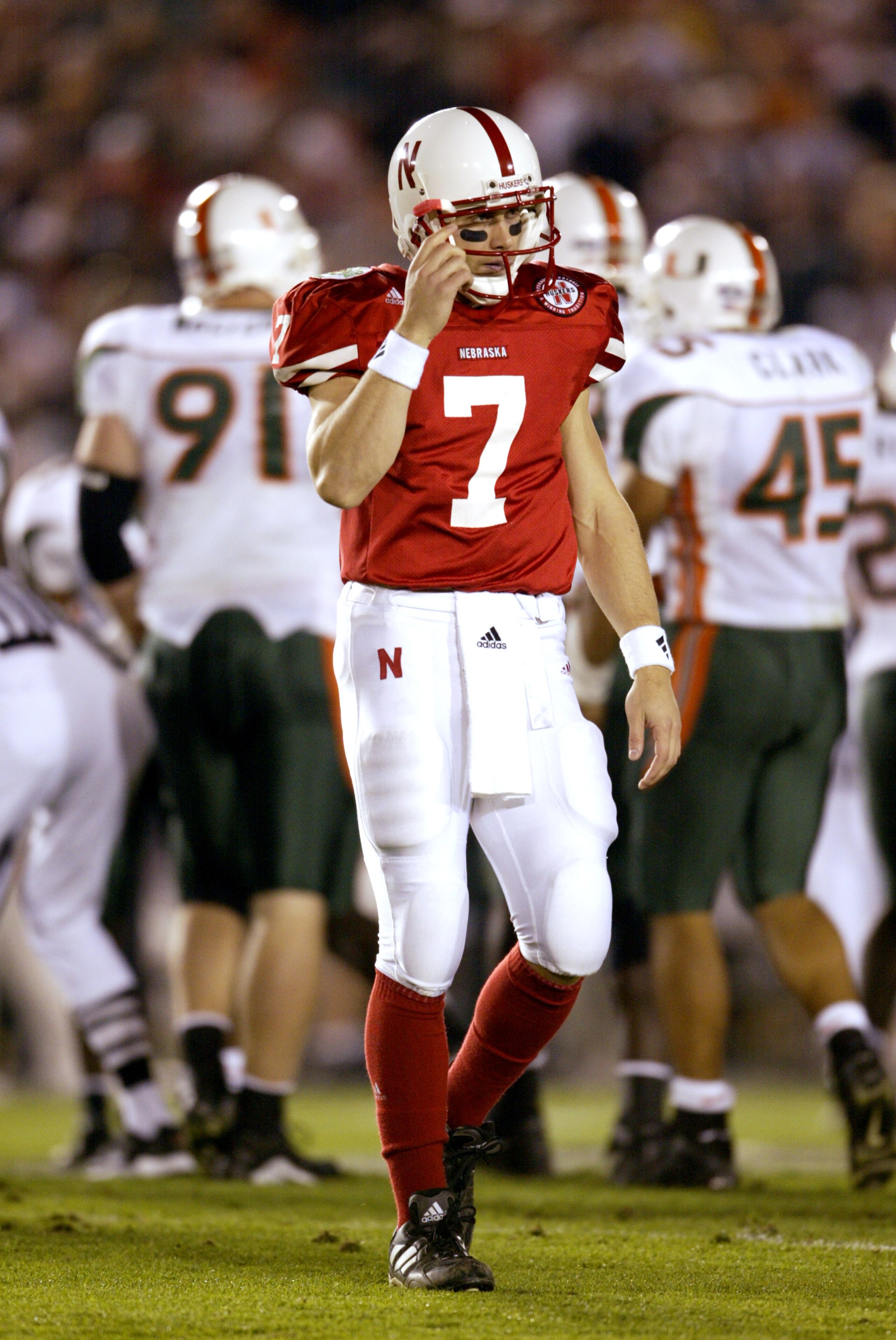 3 Jan 2002:   Quarterback Eric Crouch #7 of Nebraska gets up off the ground after being knocked down by the Miami defense during the Rose Bowl National Championship game at the Rose Bowl in Pasadena, California.  Miami won the game 37-14, winning the BCS