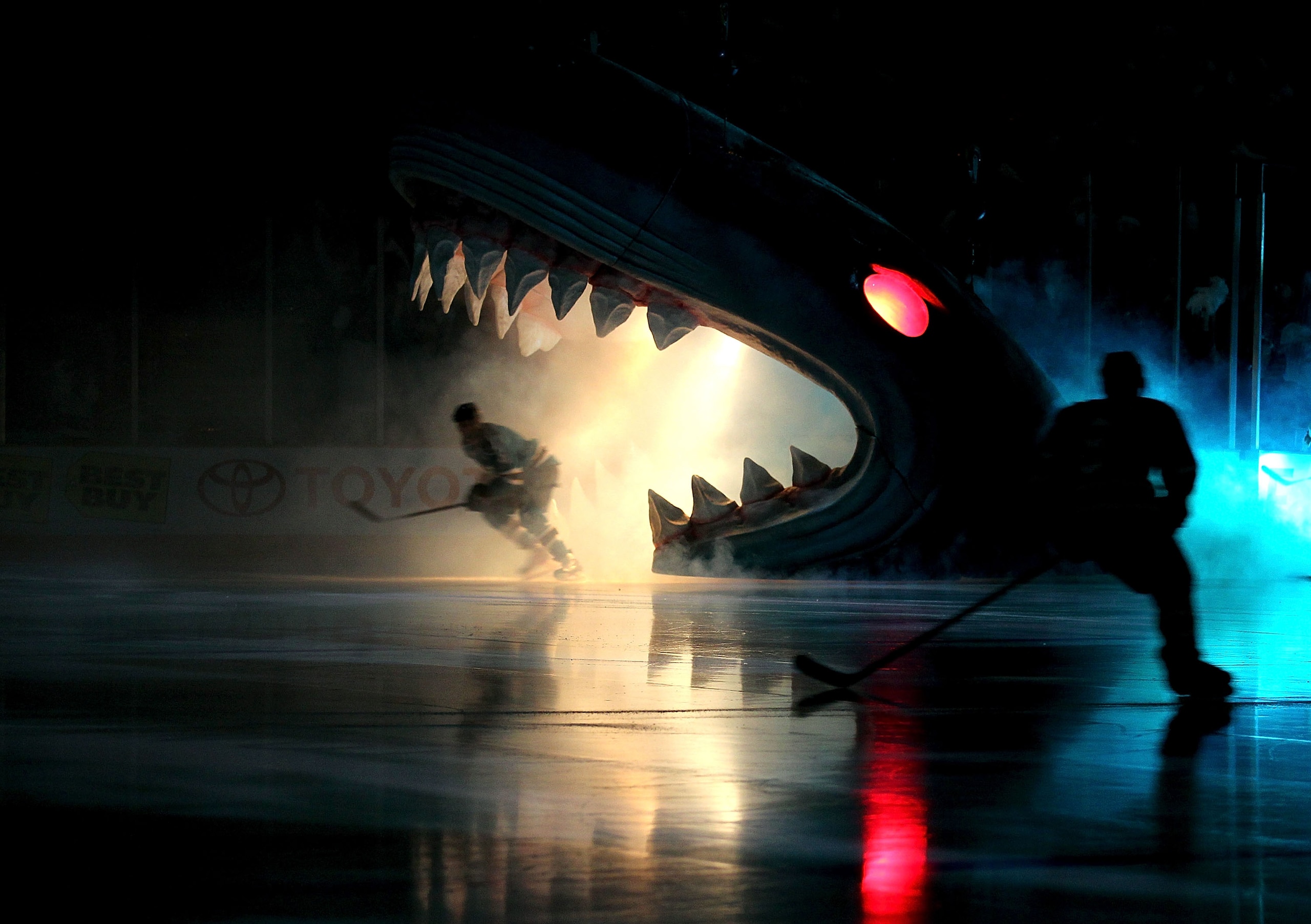 SAN JOSE, CA - MAY 18: A member of the San Jose Sharks skates out onto the ice during introductions before the Sharks take on the Chicago Blackhawks in Game Two of the Western Conference Finals during the 2010 NHL Stanley Cup Playoffs at HP Pavilion on M SAN JOSE, CA - MAY 18: A member of the San Jose Sharks skates out onto the ice during introductions before the Sharks take on the Chicago Blackhawks in Game Two of the Western Conference Finals during the 2010 NHL Stanley Cup Playoffs at HP Pavilion on M