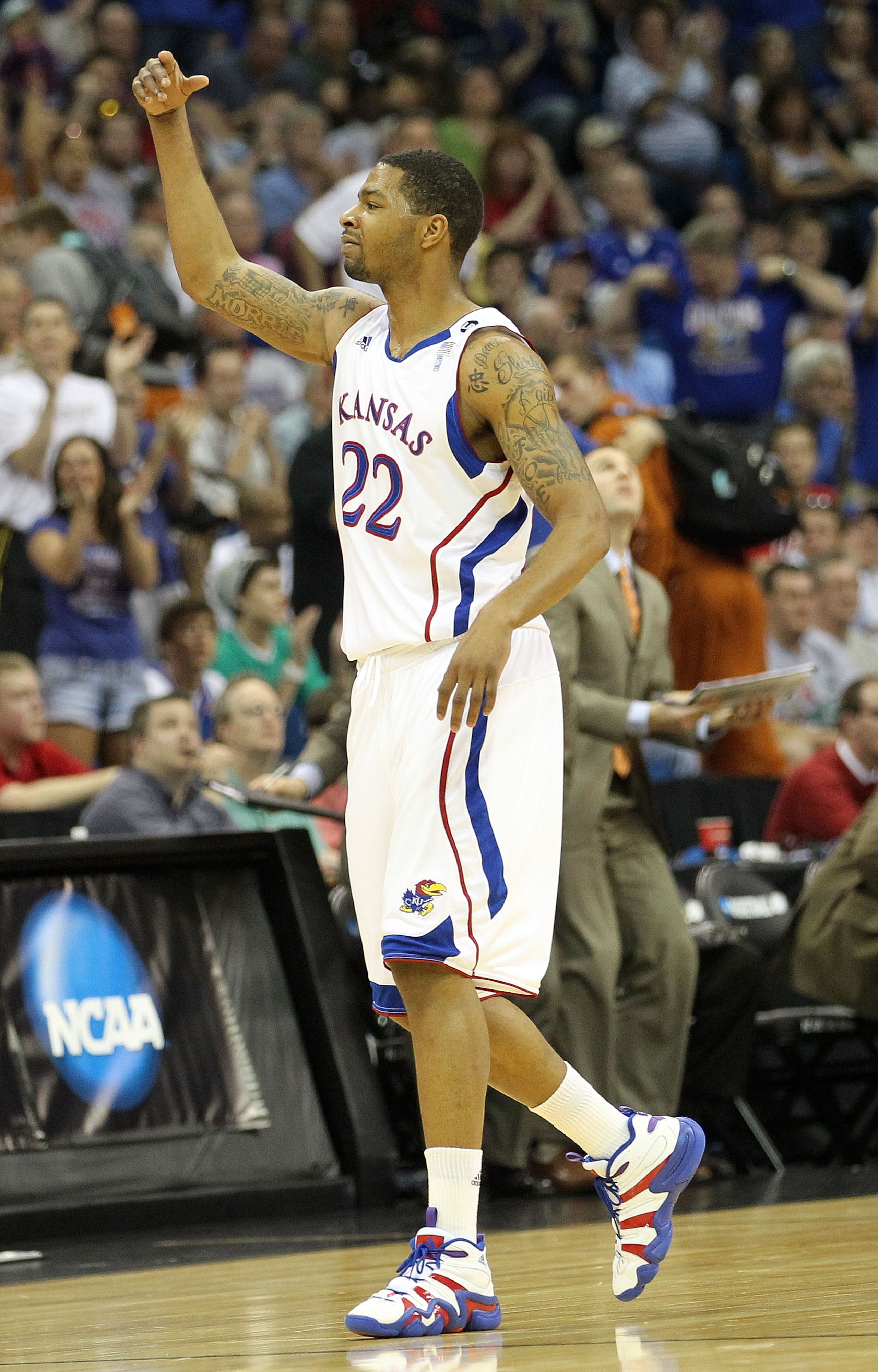 TULSA, OK - MARCH 20:  Marcus Morris #22 of the Kansas Jayhawks reacts to a play against the Illinois Fighting Illini during the third round of the 2011 NCAA men's basketball tournament at BOK Center on March 20, 2011 in Tulsa, Oklahoma.  (Photo by Ronald